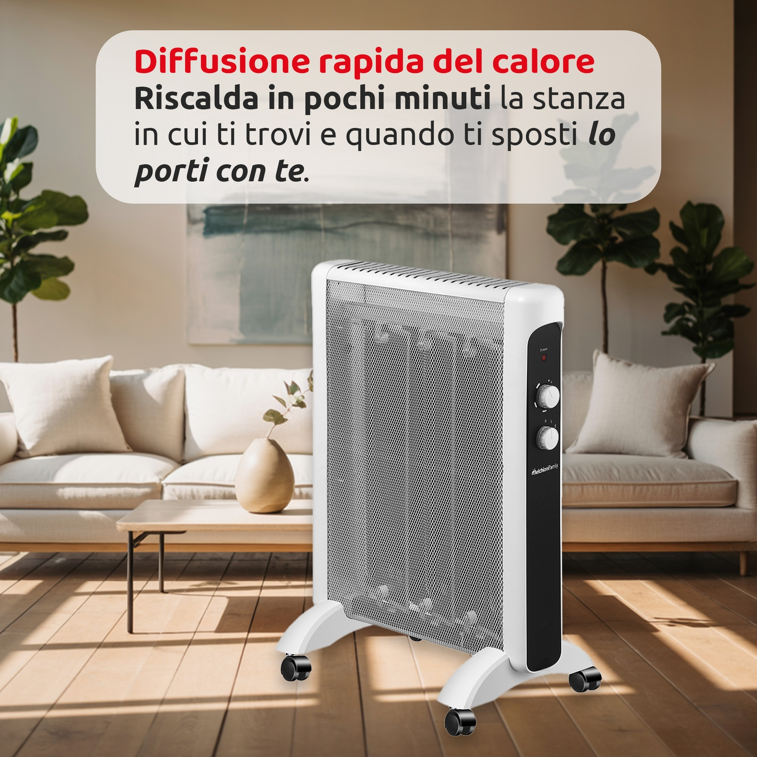 Un termoventilatore bianco e nero è in un soggiorno. Il testo sopra dice rapida diffusione del calore. Un divano, un tavolo e delle piante sono sullo sfondo.
