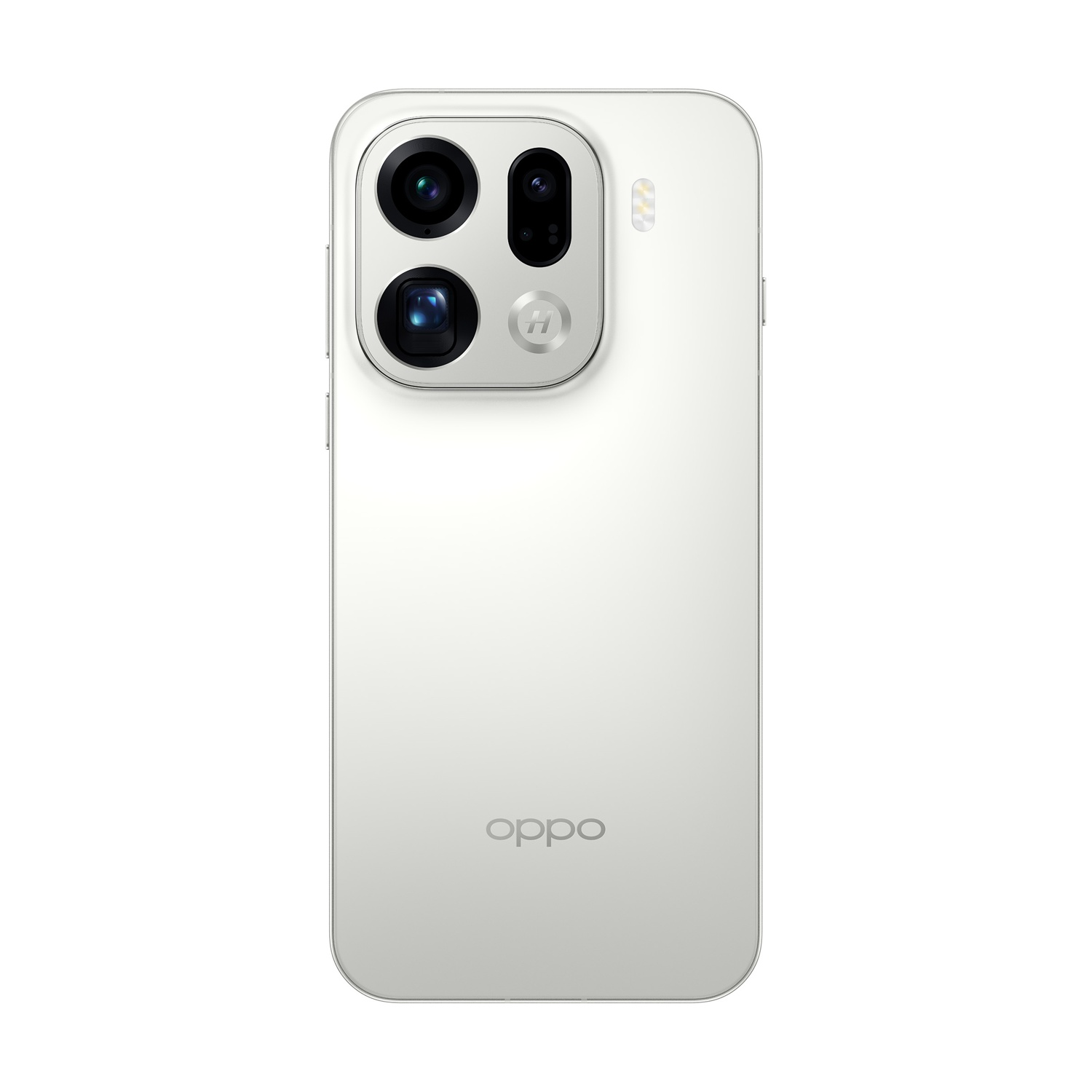 Un telefono Oppo bianco con quattro obiettivi e un flash sul retro. Logo Oppo in basso.