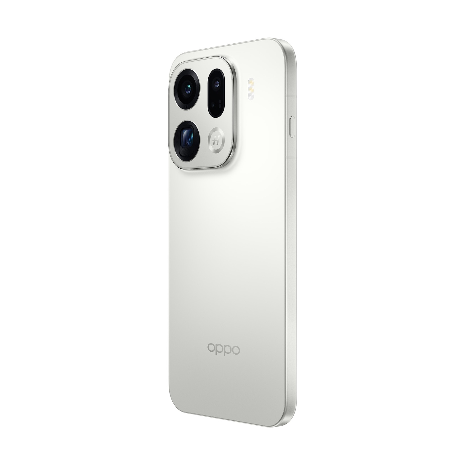 Uno smartphone Oppo bianco, vista angolata. Ha più fotocamere posteriori e il logo Oppo. Lo sfondo è bianco.