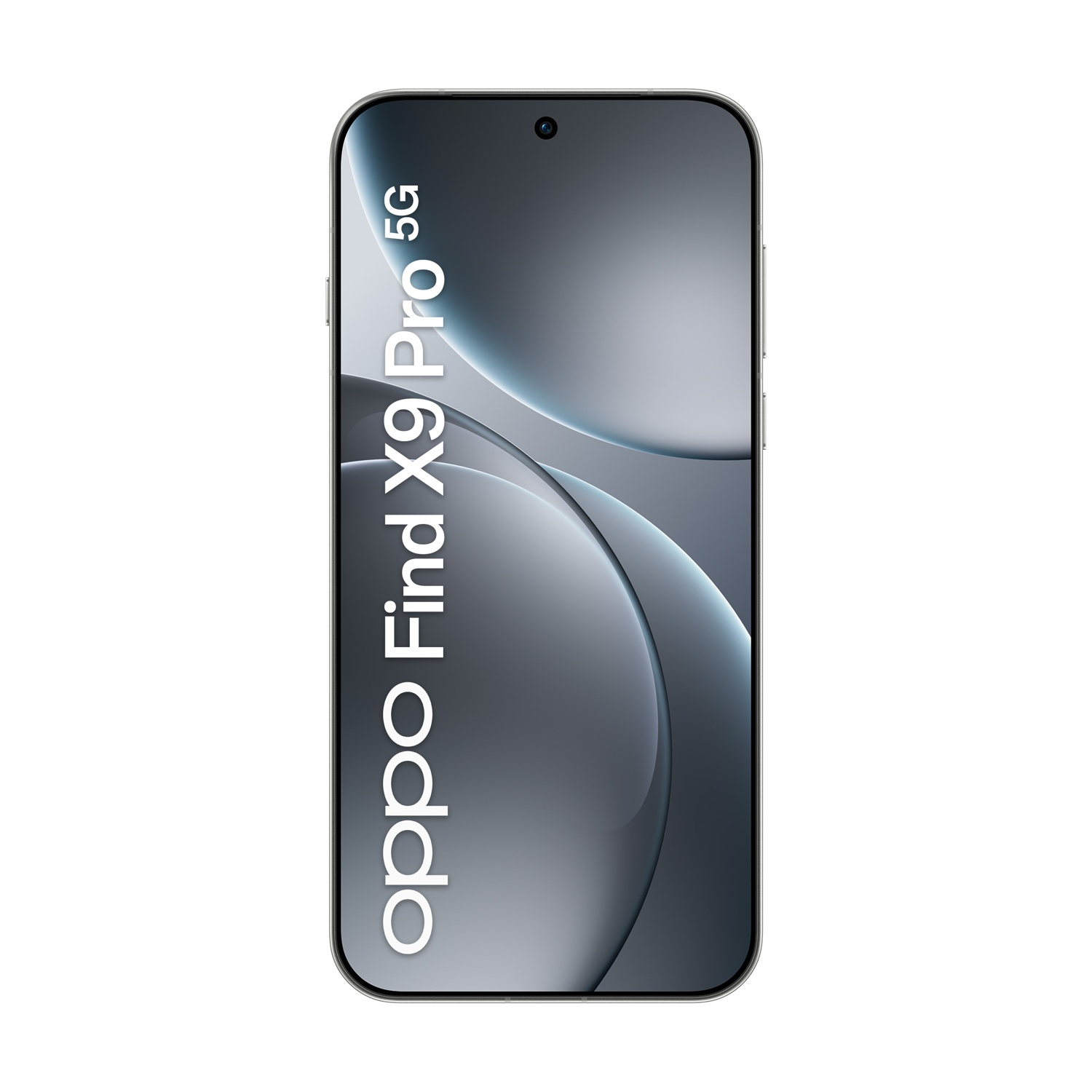 Uno smartphone Oppo Find X9 Pro 5G su sfondo bianco. Lo schermo del telefono ha un design sfumato, con il logo Oppo sul lato.