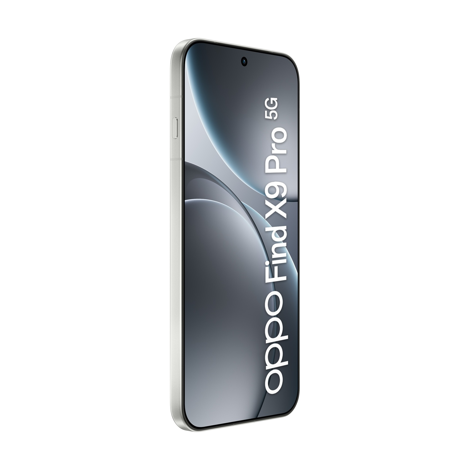 Smartphone Oppo Find X9 Pro 5G argentato. Lo schermo mostra una sfumatura con una fotocamera in alto. Il telefono è angolato.