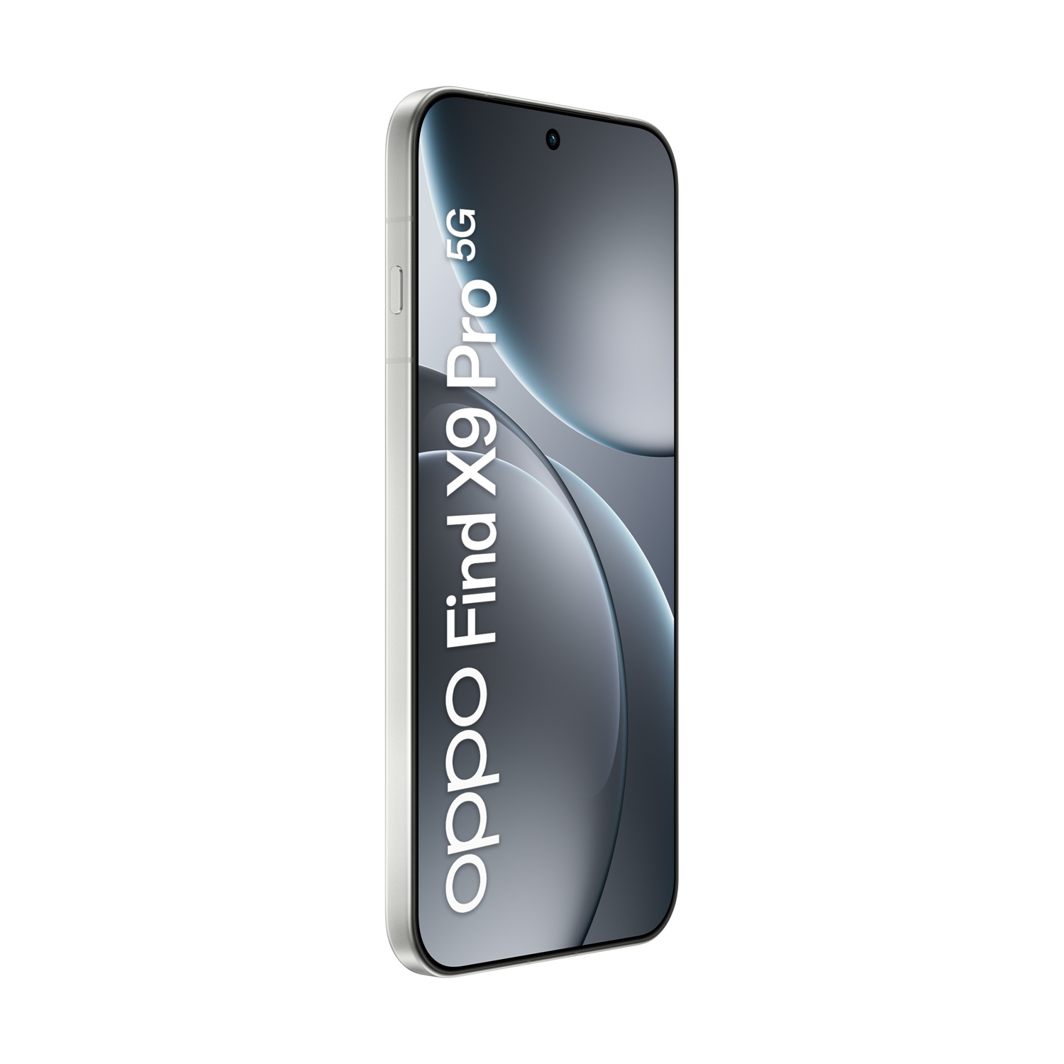 Uno smartphone Oppo Find X9 Pro 5G argentato è mostrato angolato. Lo schermo mostra una sfumatura con una fotocamera in alto.