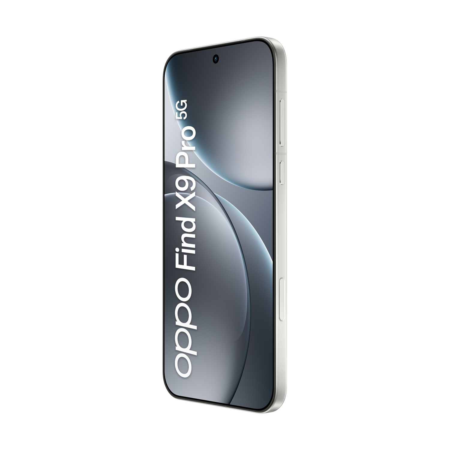 Uno smartphone Oppo Find X9 Pro 5G, cornice argentata, schermo nero, sfondo bianco. Il telefono è inclinato verso destra.