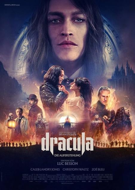 Dracula-Filmplakat. Ein Männergesicht dominiert, darunter andere Figuren und der Titel, mit feurigem Hintergrund.