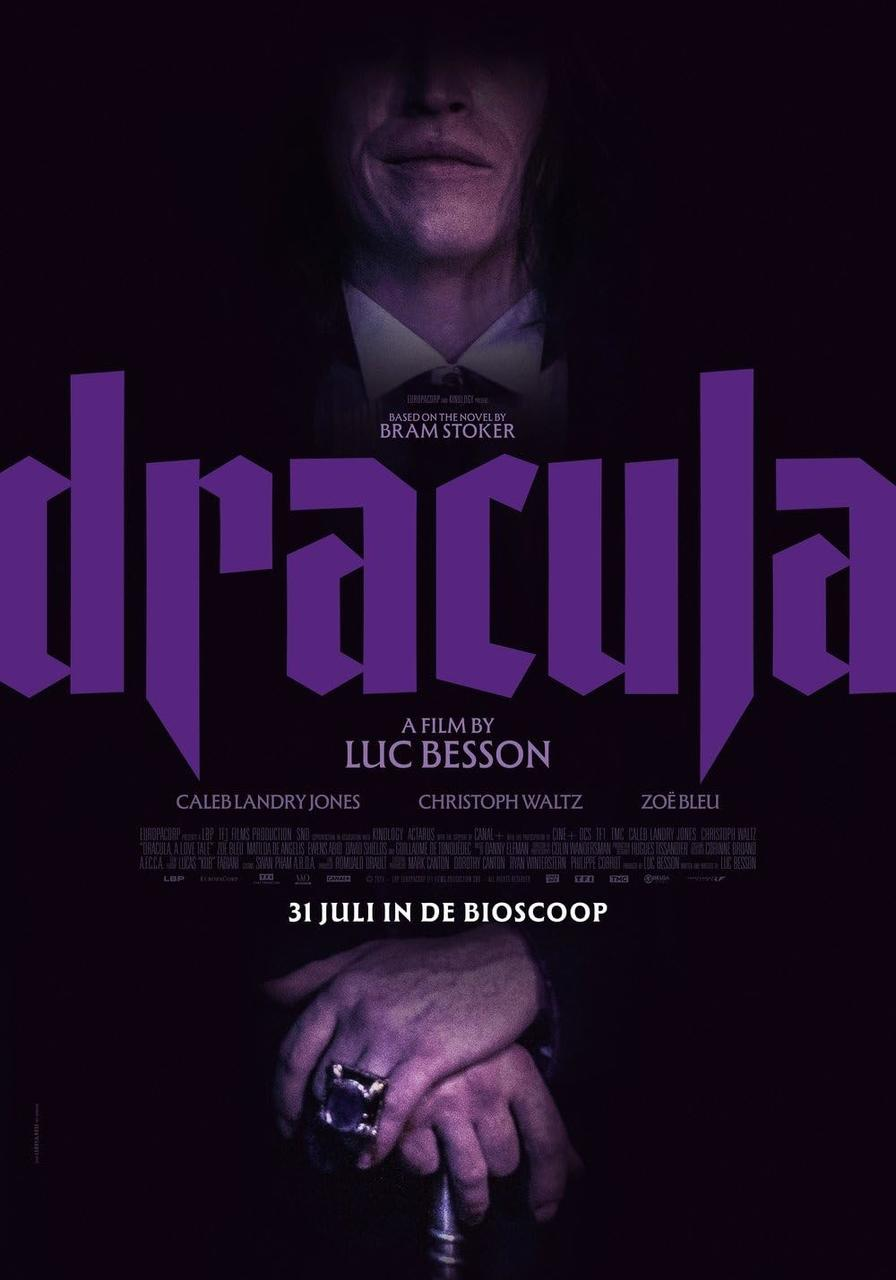 Filmposter für Dracula. Zeigt ein Männergesicht und Hände, Titel in Lila, Namen der Darsteller und Erscheinungsdatum auf Niederländisch.