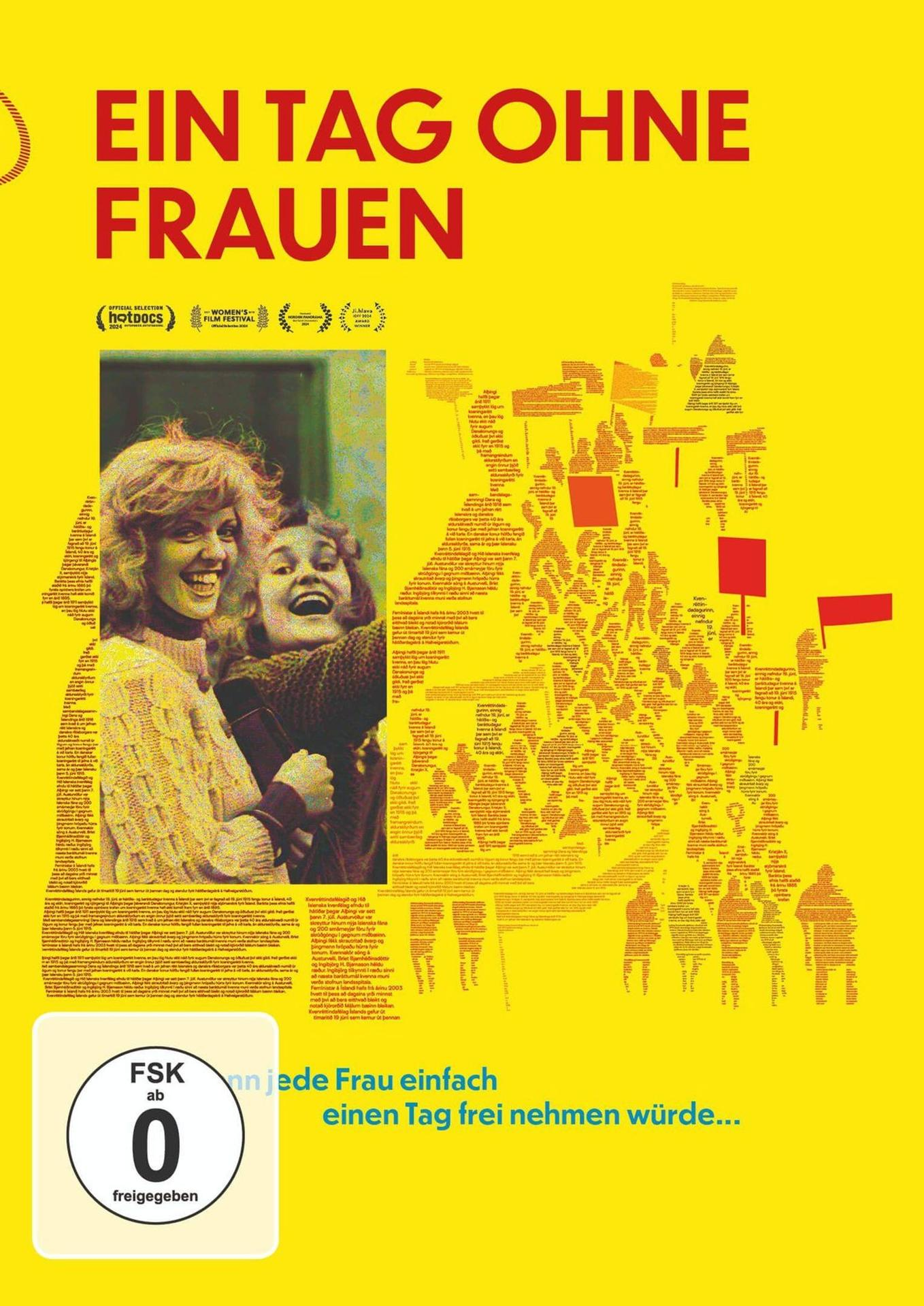 Poster mit dem Titel 'Ein Tag Ohne Frauen'. Zwei Frauen umarmen sich lächelnd. Silhouetten von Menschen auf gelbem Grund.
