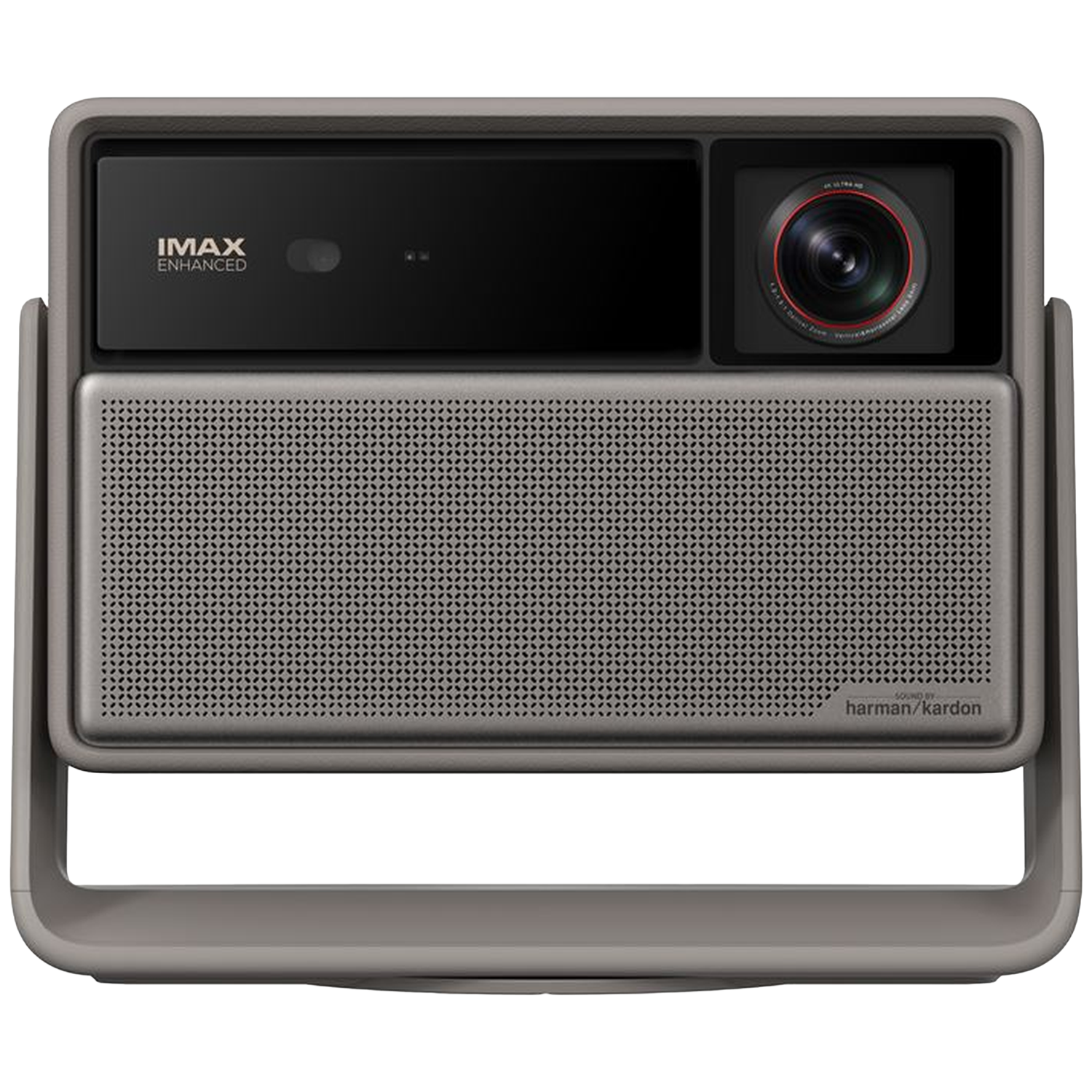 Een grijze projector met IMAX Enhanced logo, camera en luidspreker. De luidspreker heeft 'harman/kardon' erop gedrukt.