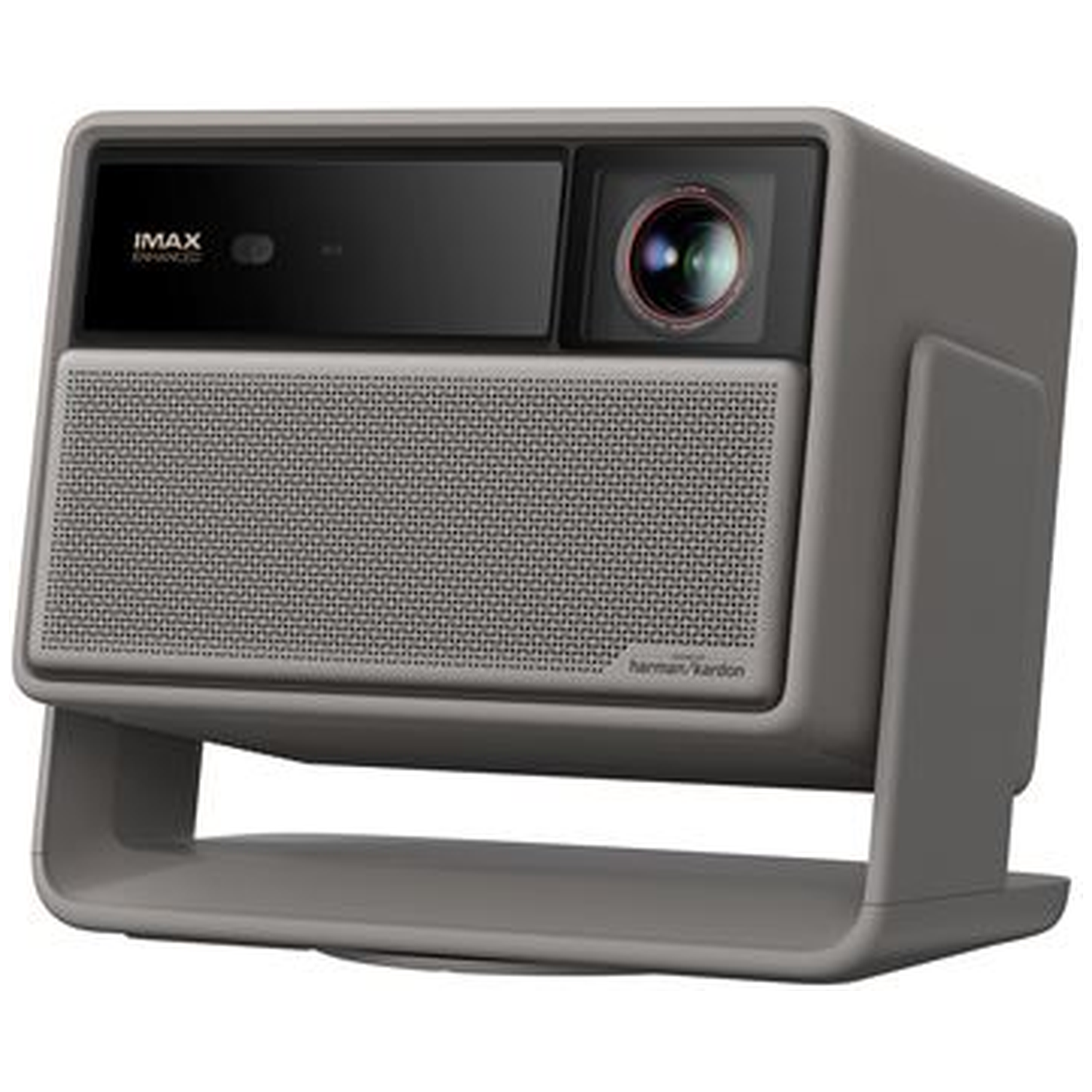 Een grijze projector met een luidspreker, lens en standaard. Voorzien van IMAX Enhanced en Harman Kardon branding.