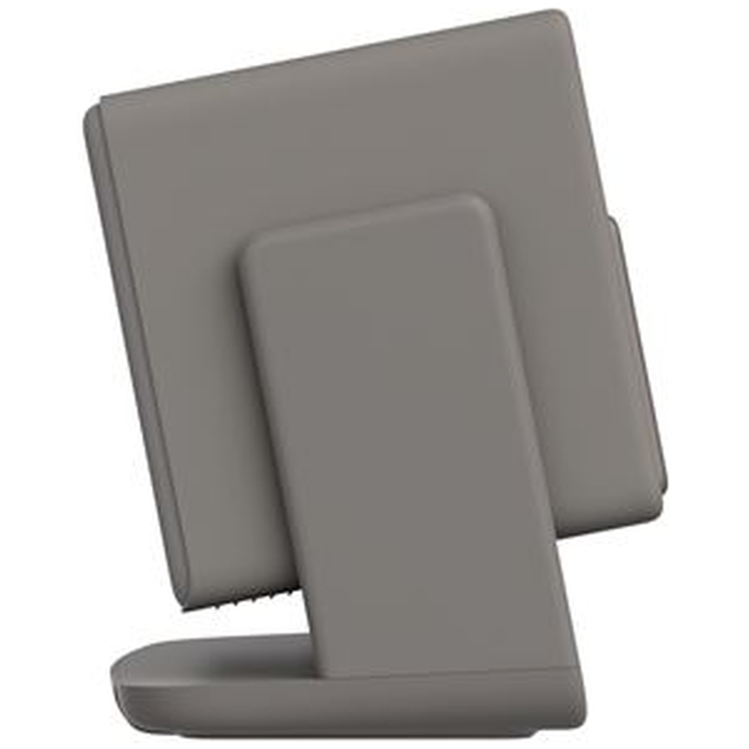 Een grijs tabletachtig apparaat met een standaard. Het scherm is naar achteren gekanteld en toont de achterkant van het apparaat. De standaard is ook grijs.