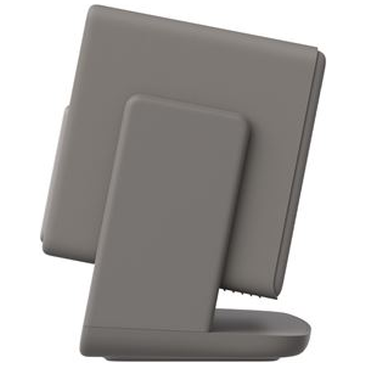 Een grijze tablet rust op een standaard. De standaard ondersteunt de tablet in een hoek. De tablet is rechthoekig en de standaard is gebogen.
