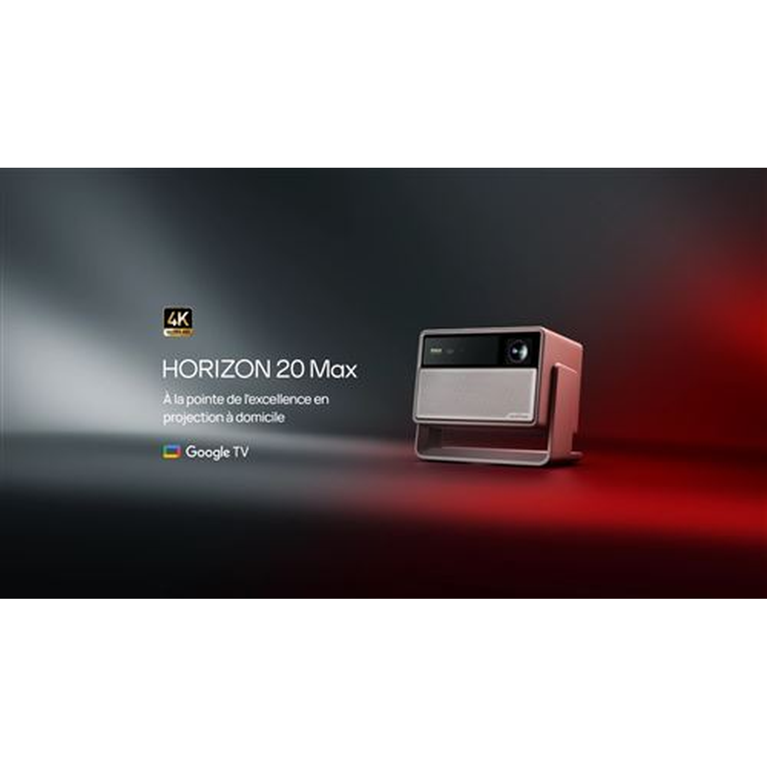 Een projector genaamd Horizon 20 Max, met een 4K-logo, wordt weergegeven tegen een achtergrond van zwart en rood.