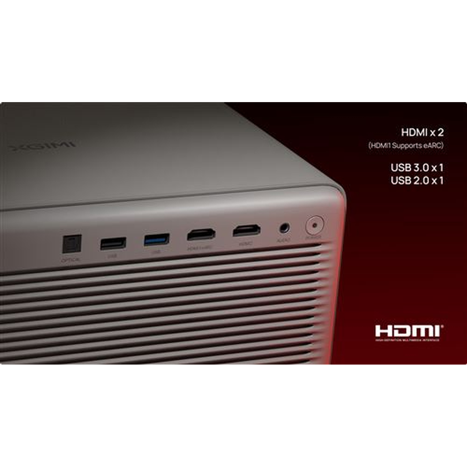 Een projector met meerdere poorten, waaronder HDMI en USB. De voorkant heeft horizontale ventilatieopeningen. Tekst geeft HDMI- en USB-poorten aan.
