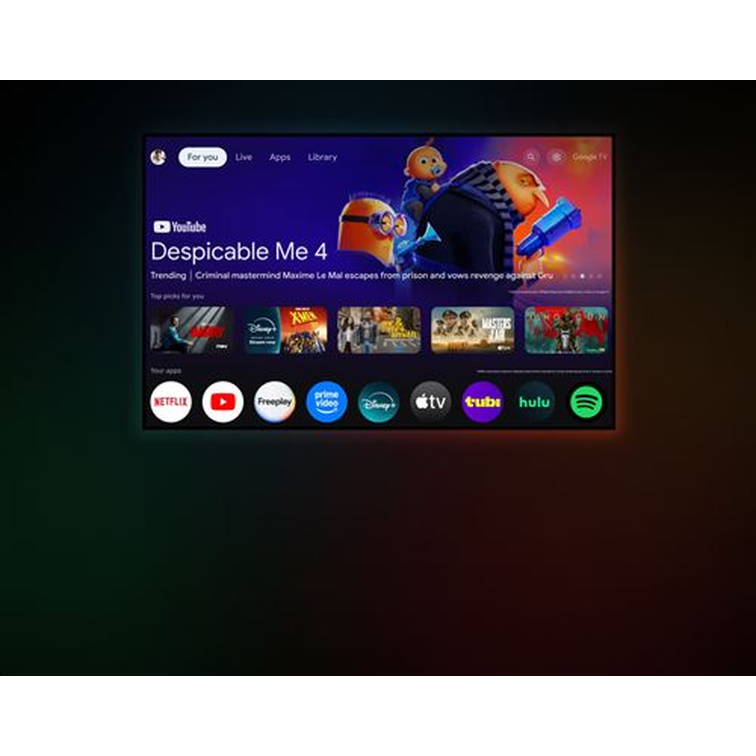 Tv-scherm toont 'Despicable Me 4'. Apps zoals Netflix, YouTube en Disney+ zijn zichtbaar. Een minion en een baby staan op het scherm.