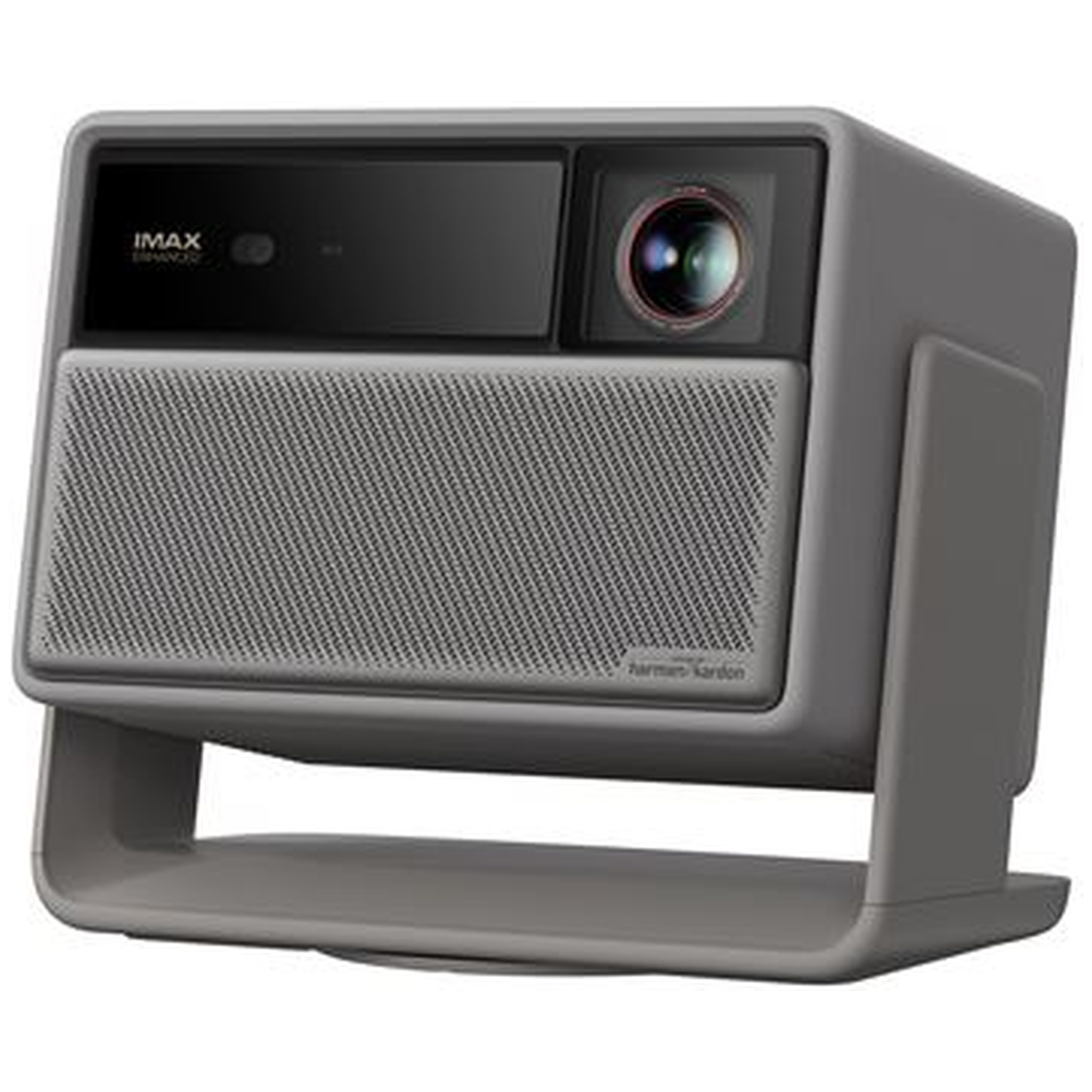 A gray projector with a speaker, lens, and stand. Features IMAX and Harman Kardon branding.