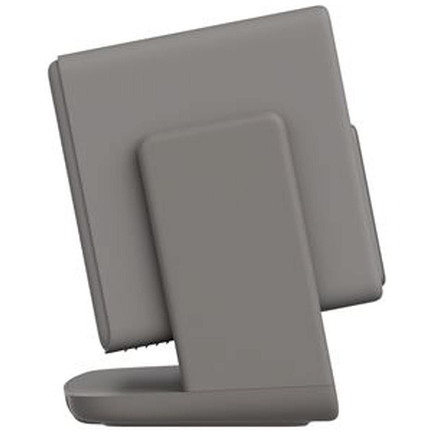 A gray tablet device on a stand. The screen is tilted back and the stand has a rectangular base. The color is consistent.