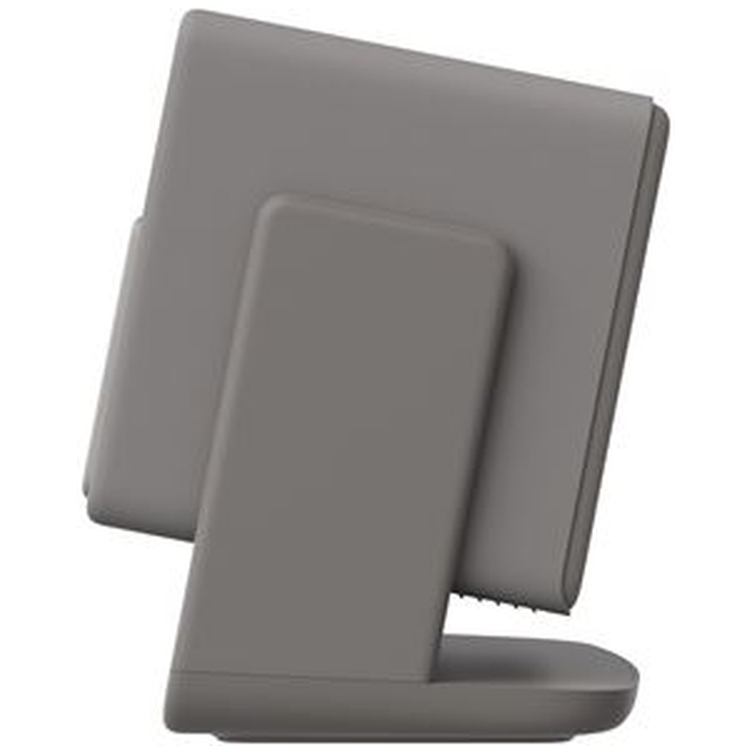 A gray tablet in a stand. The tablet is angled, showing a screen. The stand is also gray, with a base and support.