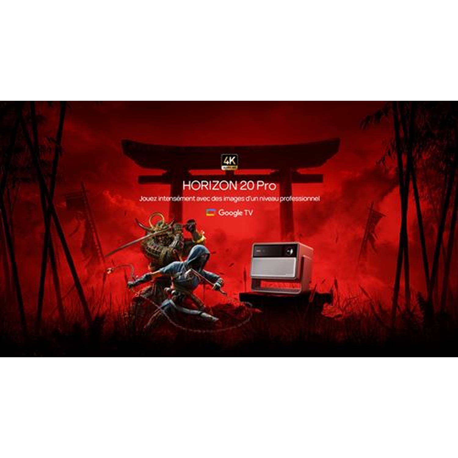 Red background with a Japanese gate, warriors, and a projector. Text says 'HORIZON 20 Pro' and 'Google TV'.