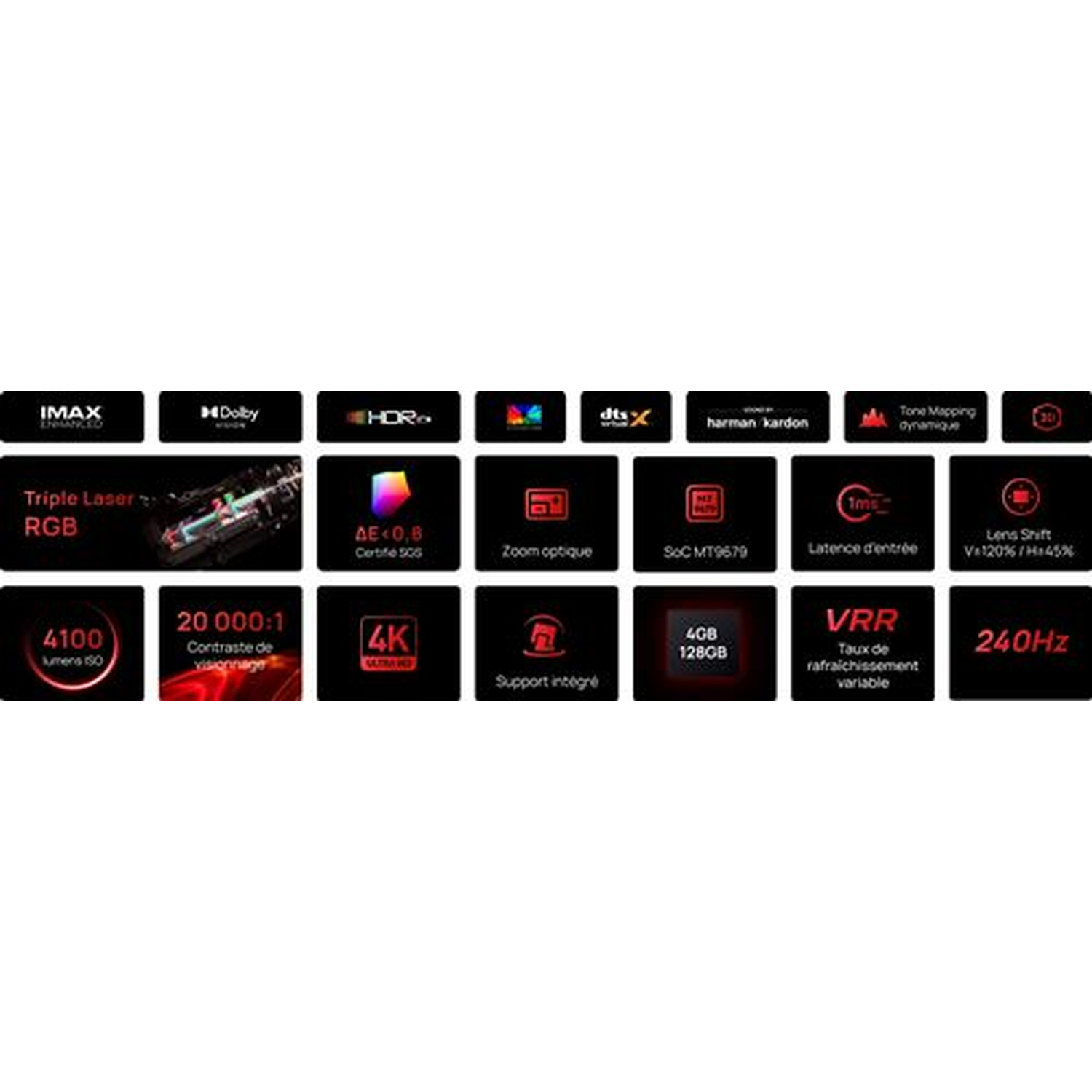 Image features technology logos and specifications, including IMAX, Dolby, HDR, Triple Laser, 4K, 240Hz, and other display features.