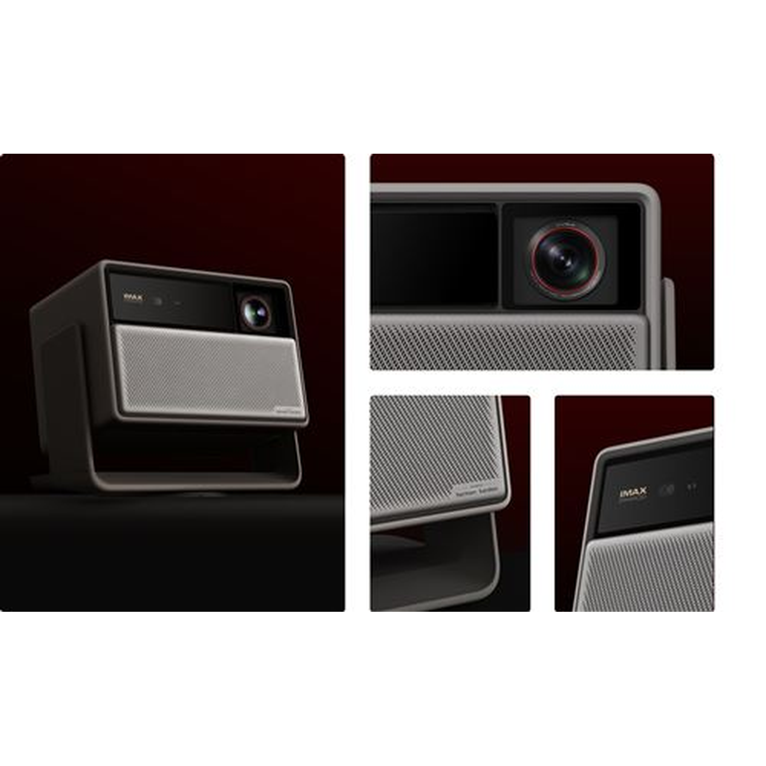 A projector with a camera and speaker. Close-ups show details: lens, speaker mesh, and branding. It is on a dark surface.