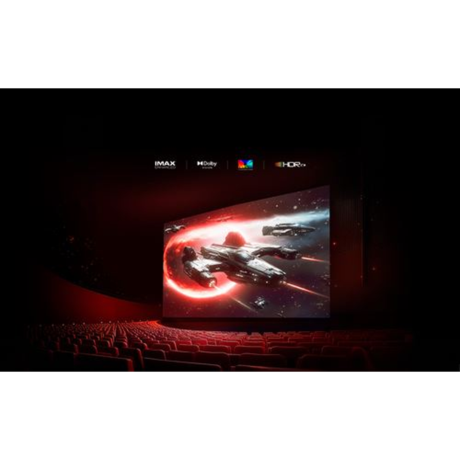 A movie theatre with a screen showing spaceships. The scene is dark, with red seats and a red ring around the spaceship.