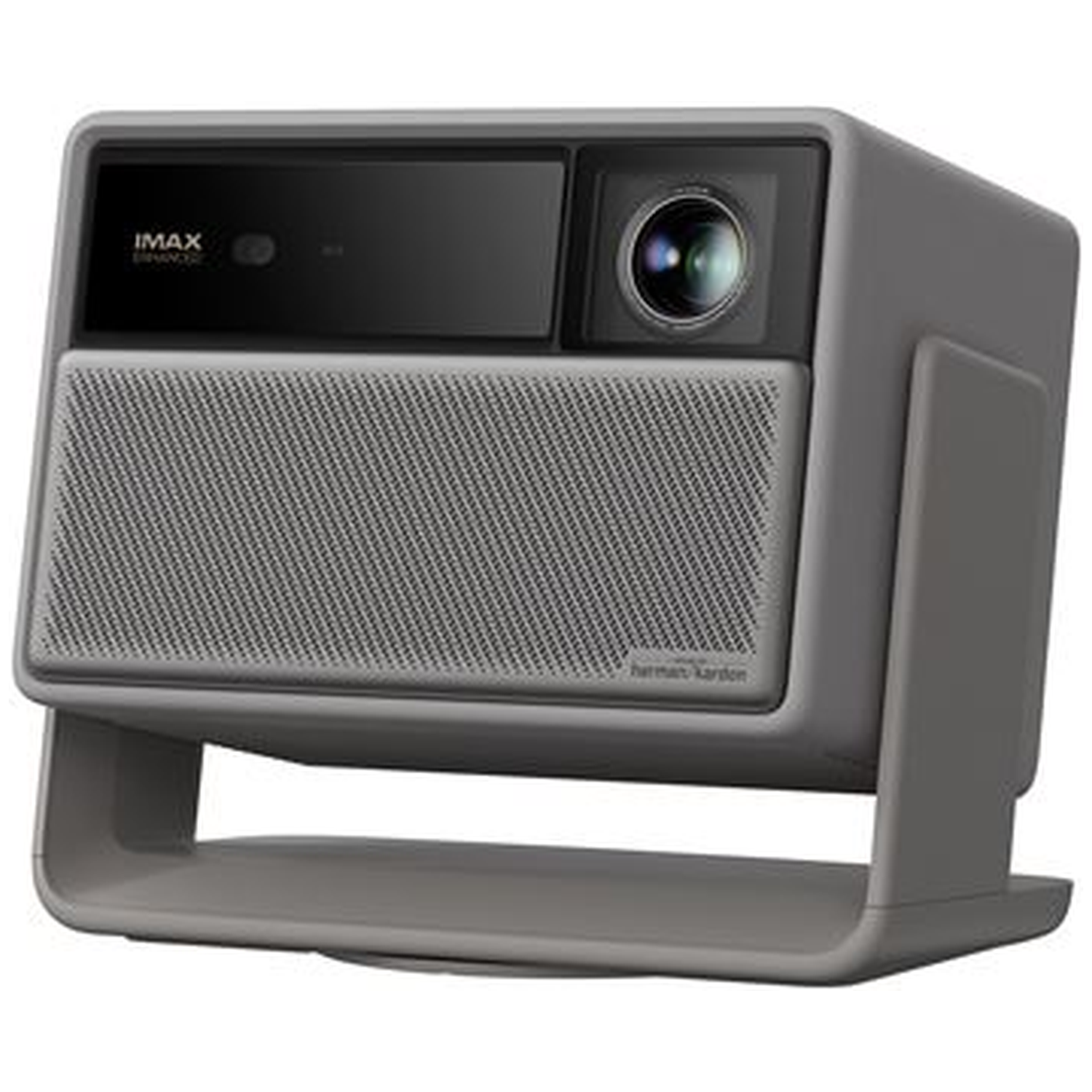 A gray projector with a speaker, lens, and stand. Features IMAX and Harman Kardon branding.