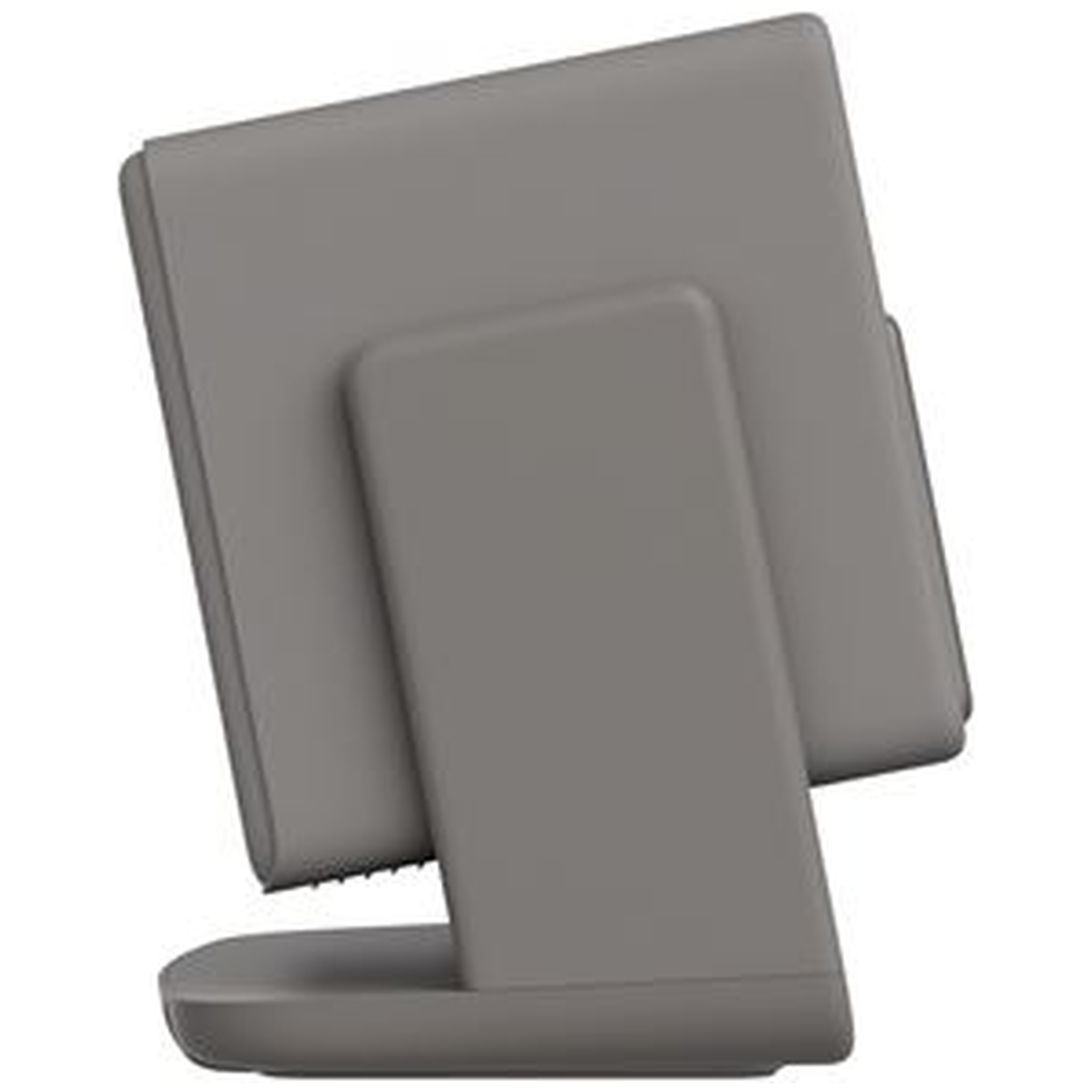 A gray tablet device on a stand. The tablet is angled slightly. The stand has a base and a vertical support.