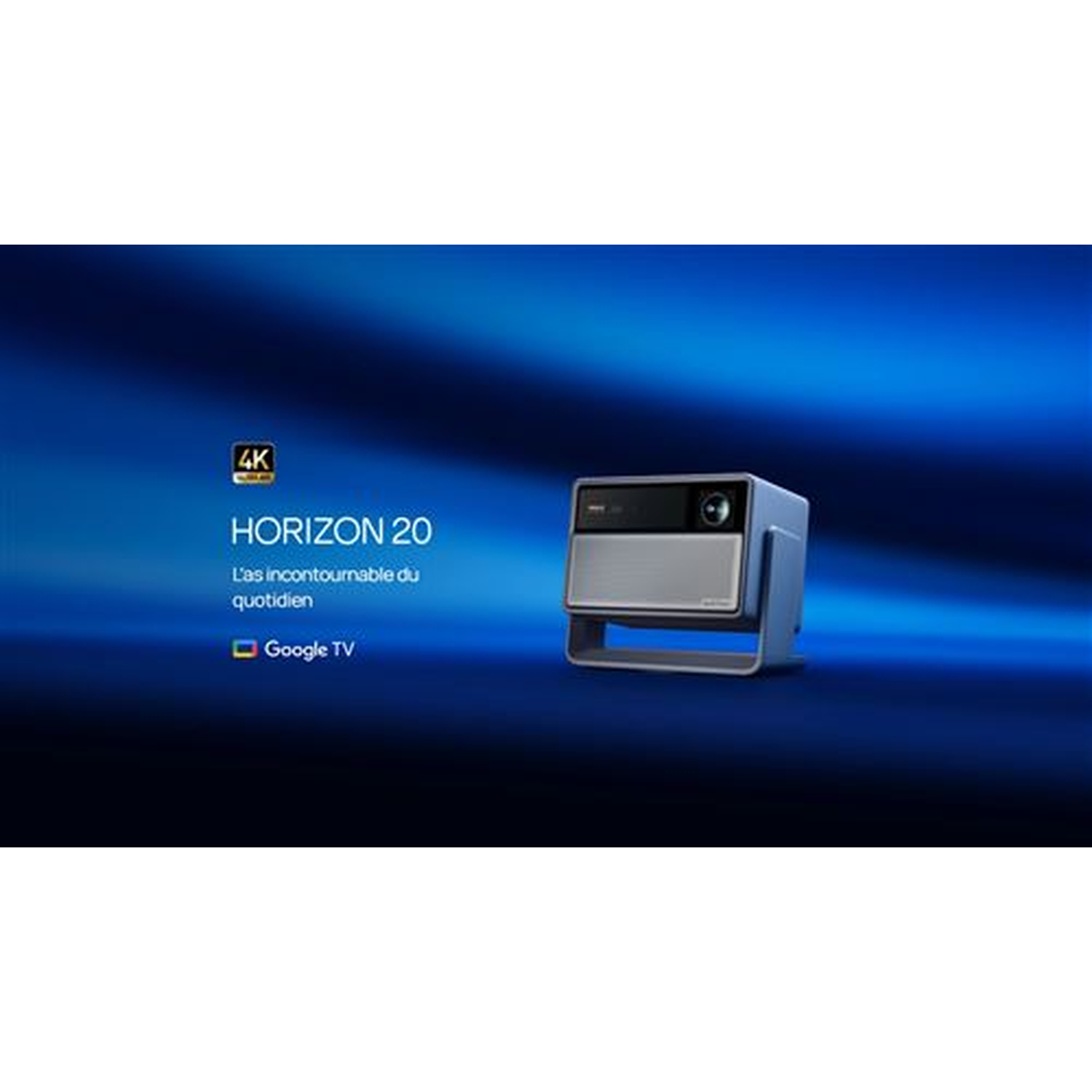 A projector on a stand with a blue gradient background. Text reads '4K' and 'HORIZON 20'. The projector has a silver front.