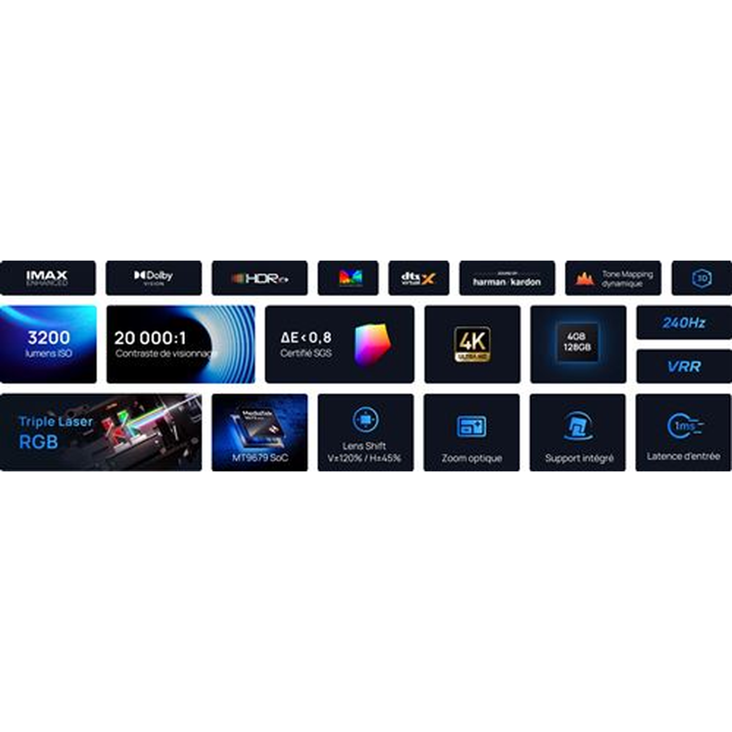 Image features technology logos: IMAX, Dolby, HDR, DTS, Harman Kardon, 4K, 240Hz, Triple Laser RGB, and additional specifications.