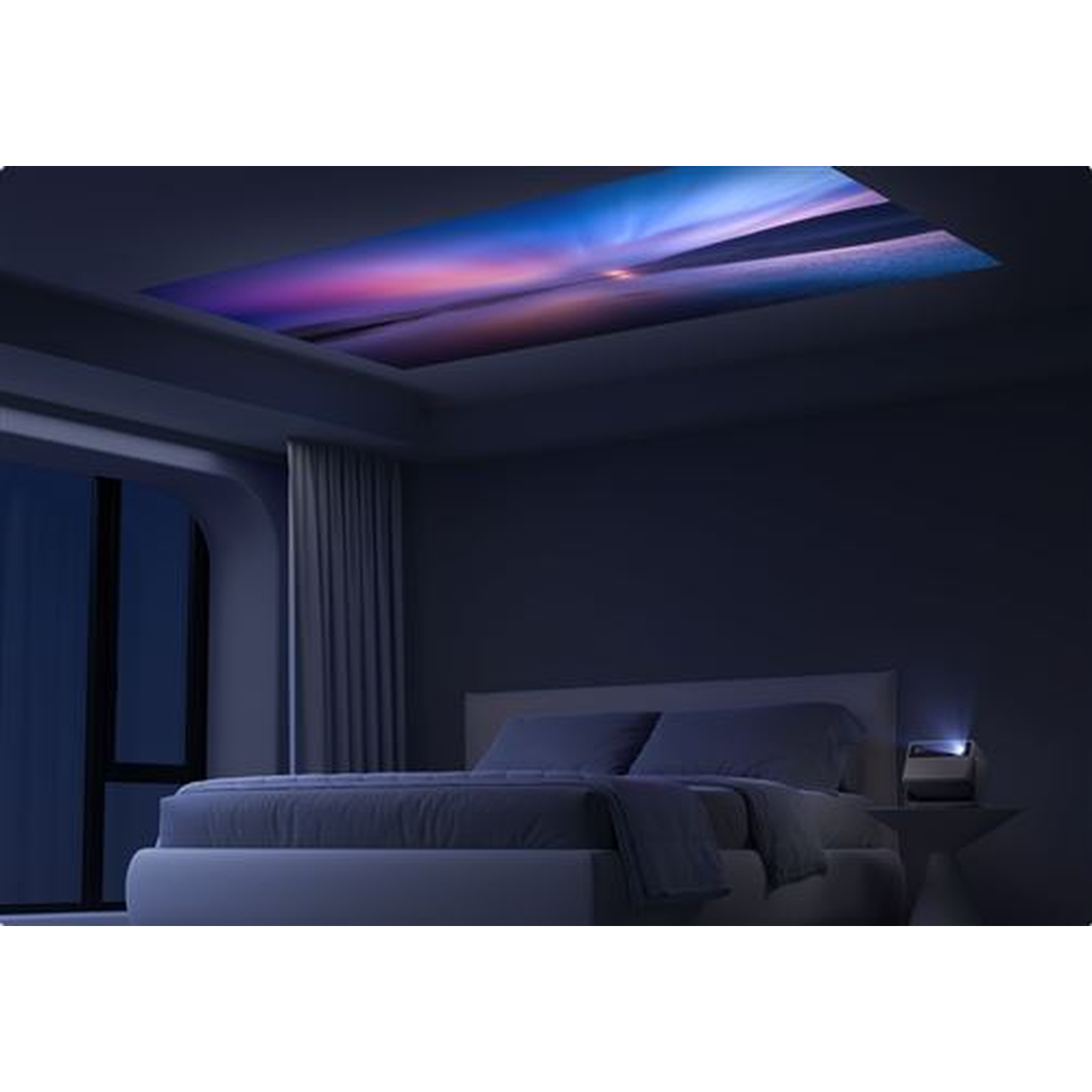 A bedroom at night with a projector showing a sunset on the ceiling. A bed and a side table are visible.