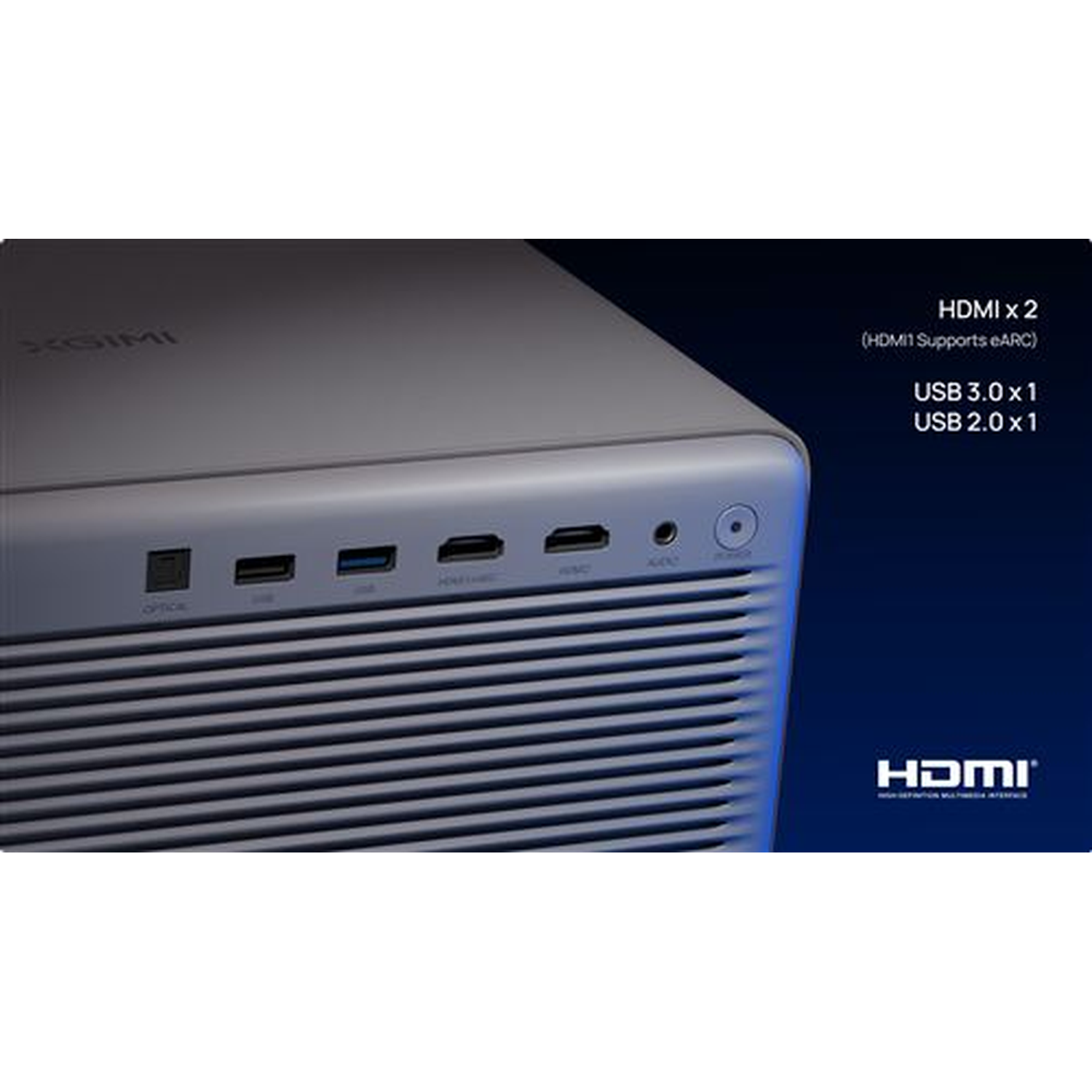 A close-up of a projector with ports labeled 'optical', 'USB', and 'HDMI'. The HDMI logo is visible. Text indicates HDMI x2 and USB ports.