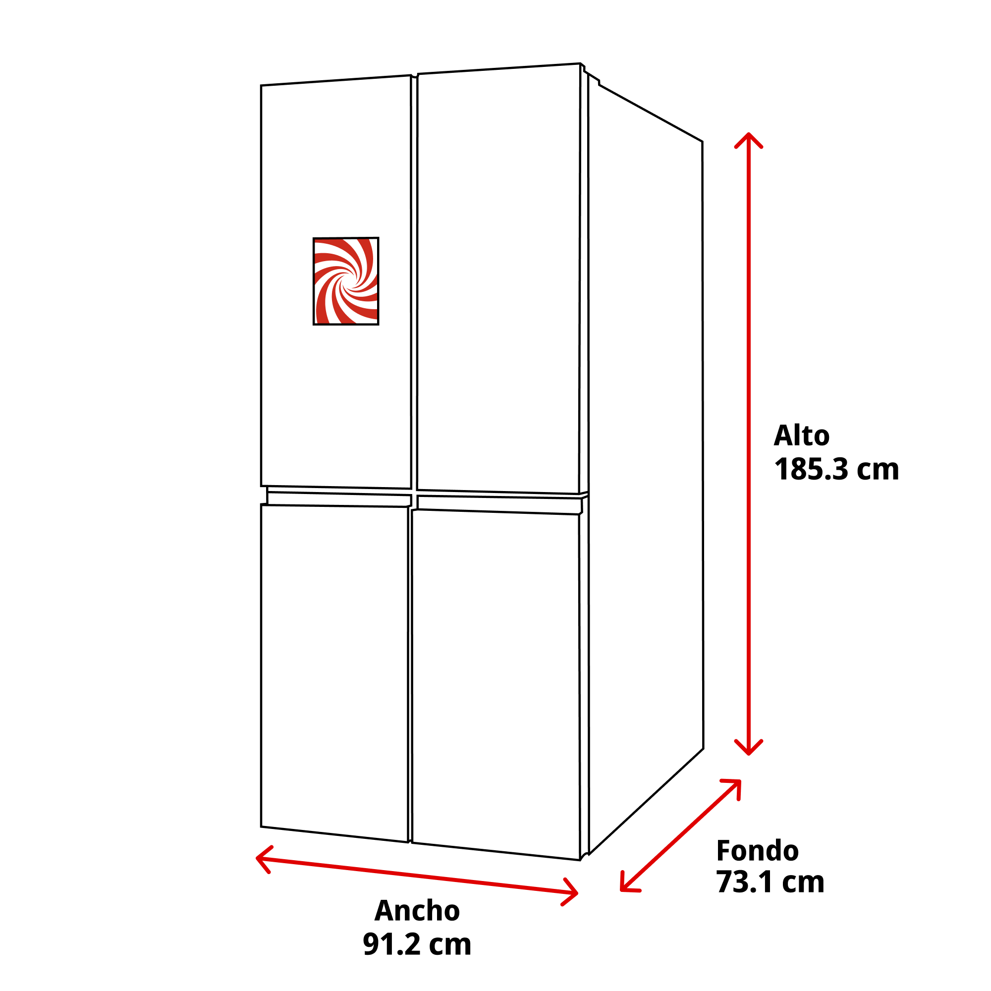 Un refrigerador blanco con dimensiones y un logotipo. Tiene cuatro puertas y un logotipo en espiral rojo y blanco en una puerta.