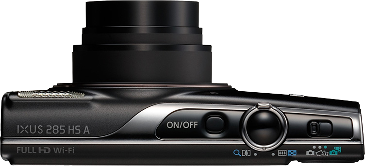 Fekete Canon IXUS 285 HS A kamera felülnézete. Lencsét, bekapcsológombot és egyéb vezérlőgombokat mutat. A 'FULL HD Wi-Fi' látható.