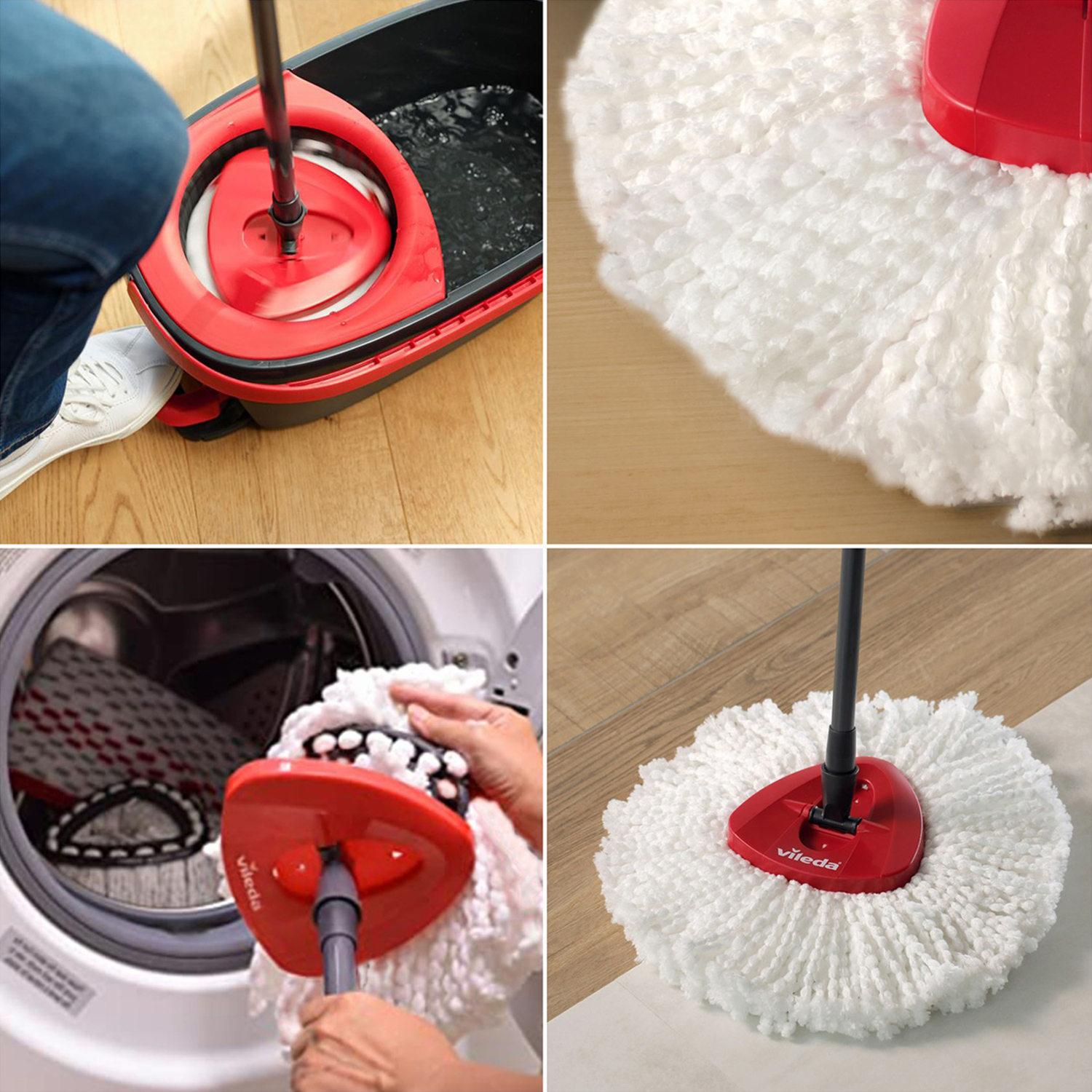 Quattro immagini che mostrano un sistema di mop rosso e nero. La testa del mop, il secchio e le parti pulite. Una persona lo usa.