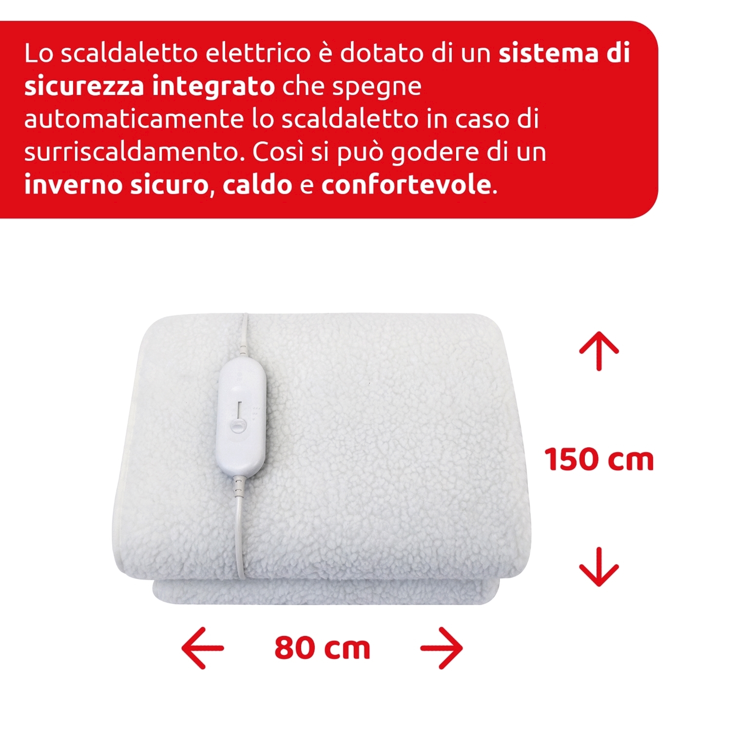 È mostrata una coperta riscaldata elettrica bianca con un pannello di controllo, con informazioni sulle dimensioni. Un riquadro di testo rosso fornisce informazioni.