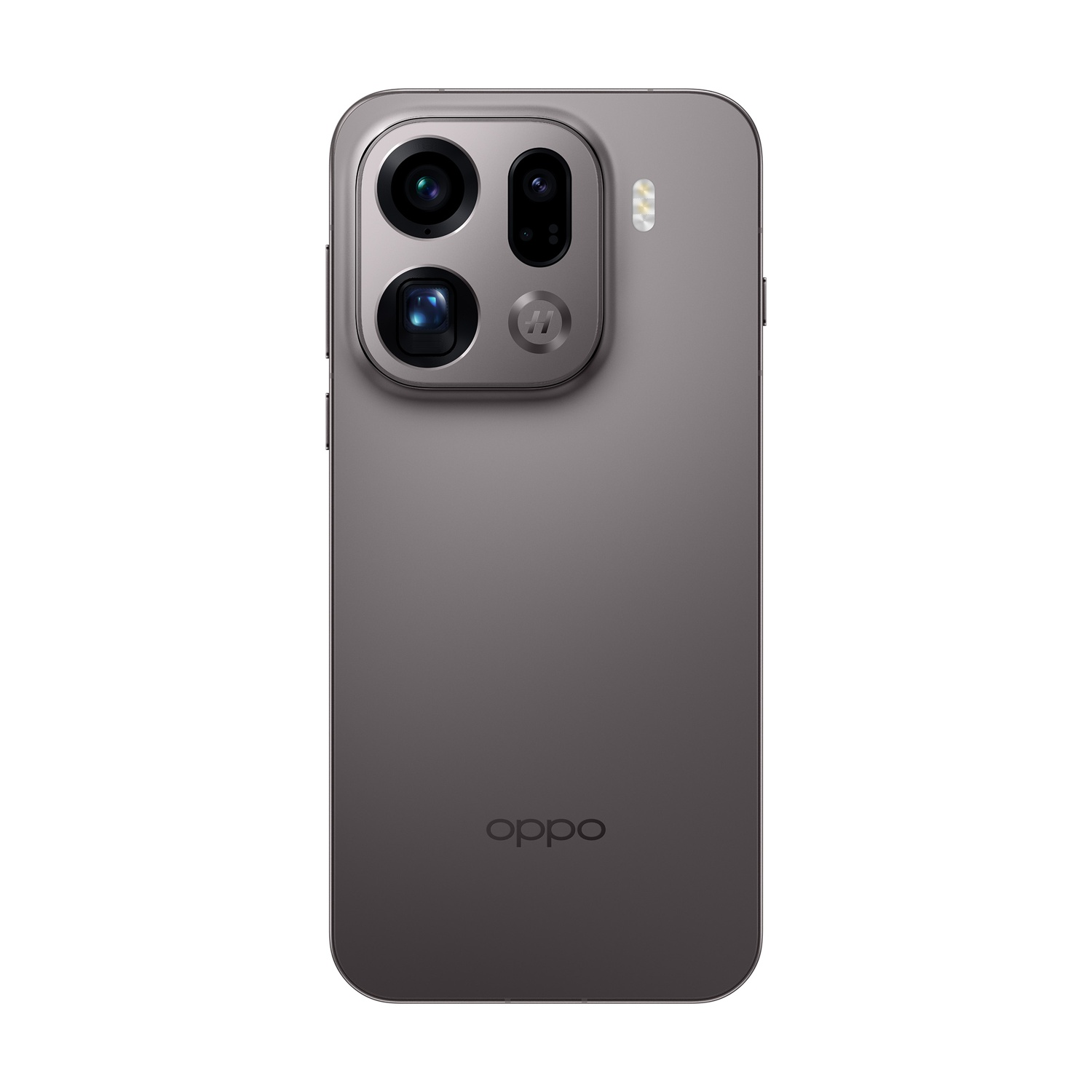 Il retro di uno smartphone grigio. Ha un gruppo fotocamere con quattro obiettivi e un flash. Il logo OPPO è in basso.