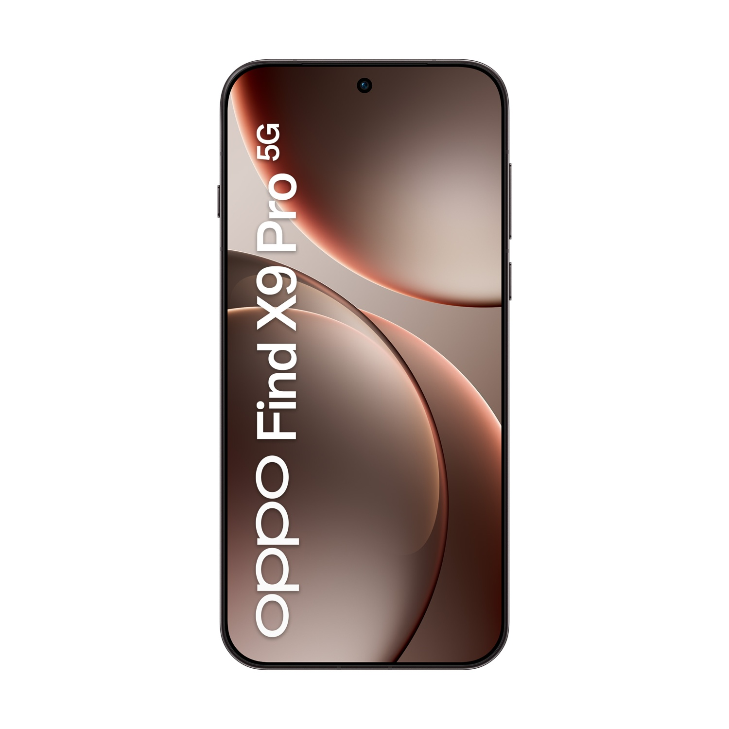 Viene visualizzato lo smartphone Oppo Find X9 Pro 5G. Lo schermo mostra una sfumatura marrone e rossa. Il telefono è nero con una fotocamera.