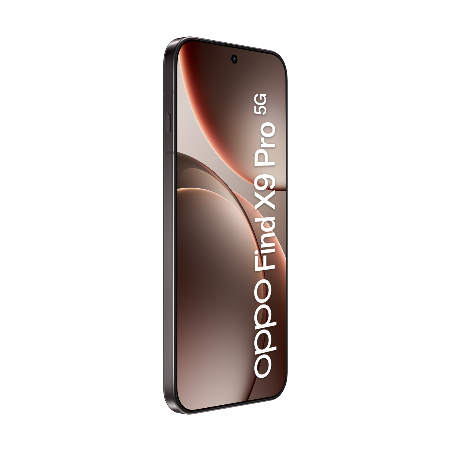 Uno smartphone Oppo Find X9 Pro 5G. Lo schermo mostra uno sfondo astratto con colori marrone e beige. Cornice nera.