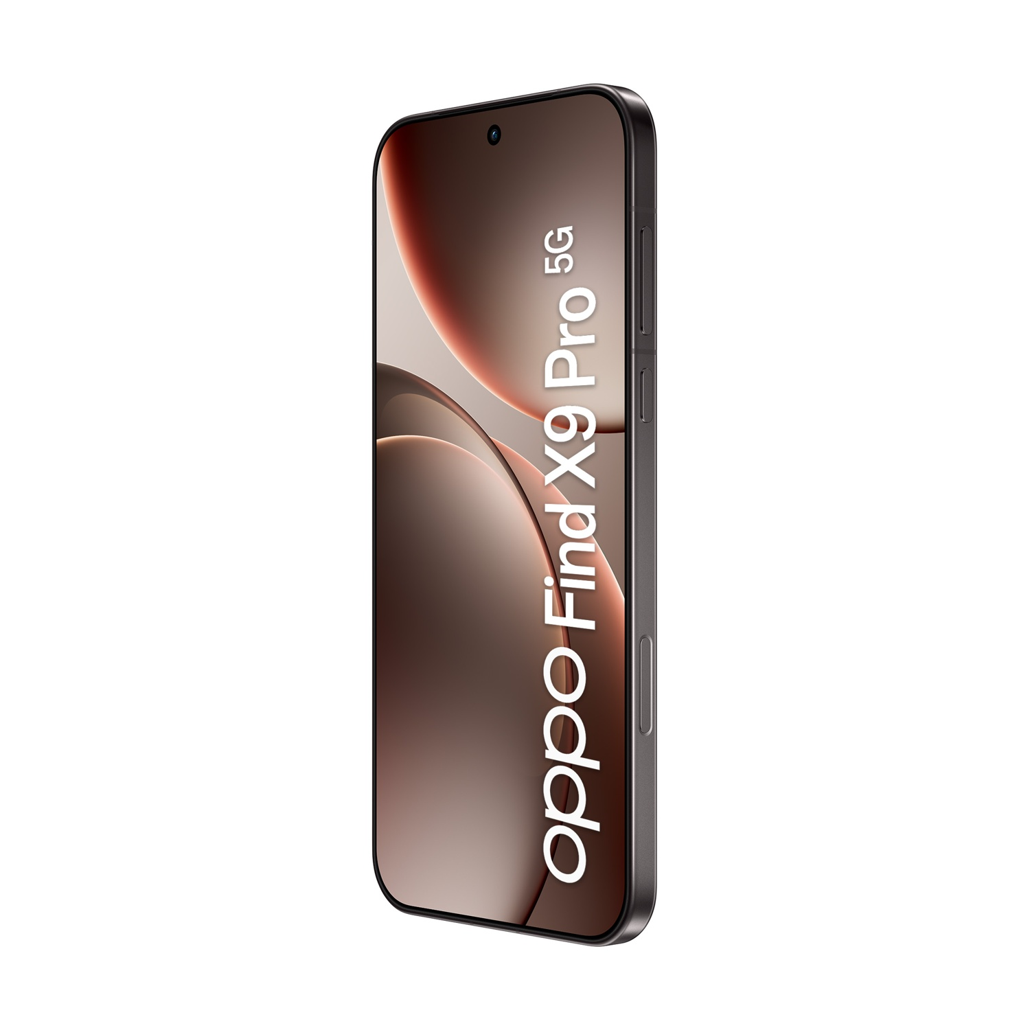 Lo smartphone Oppo Find X9 Pro 5G è mostrato, con uno schermo dal design astratto curvo. È nero e angolato.