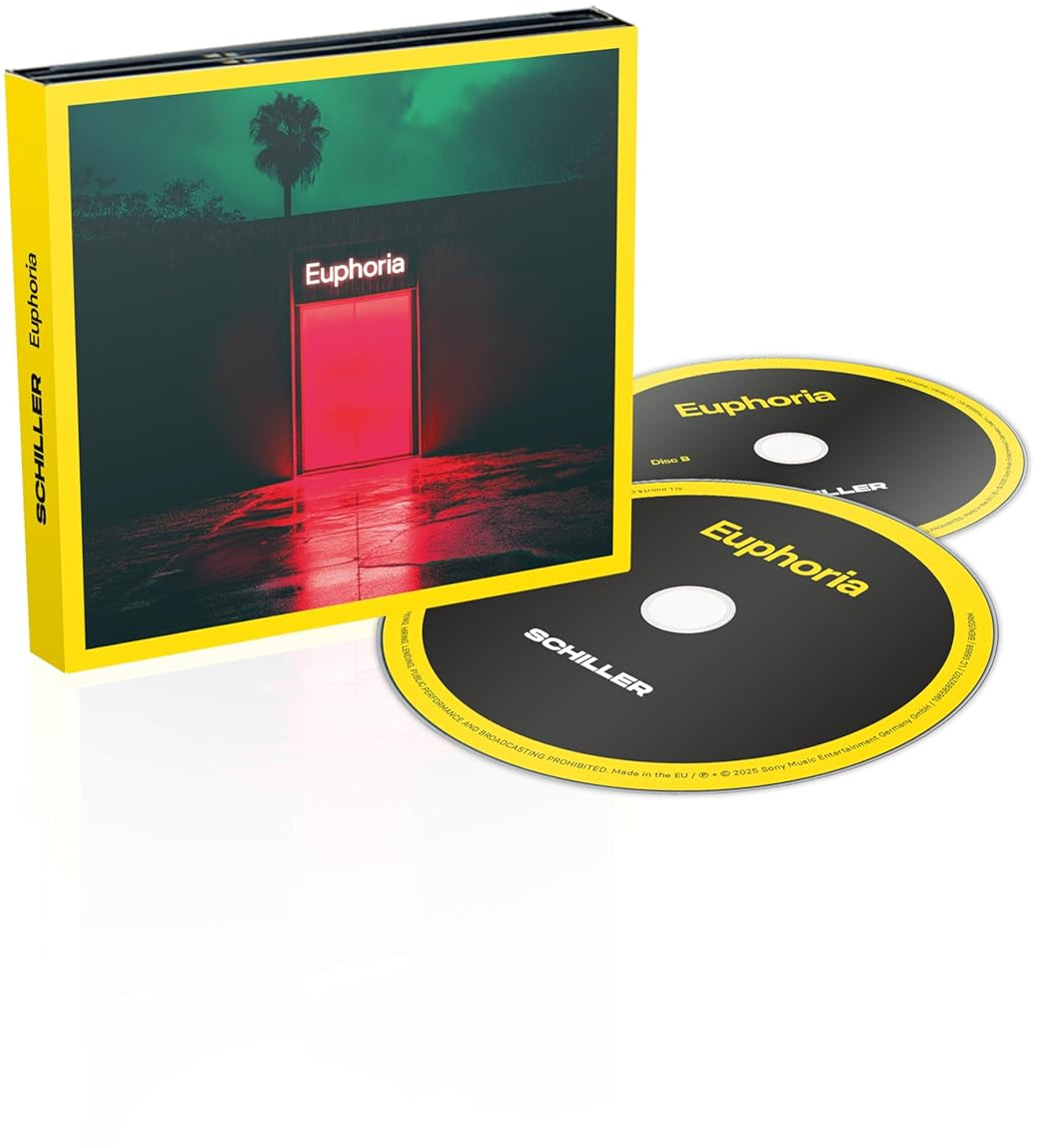 Schiller 'Euphoria' CD-készlete. Sárga doboz ajtóképpel, két lemez, és a zenekar neve látható.