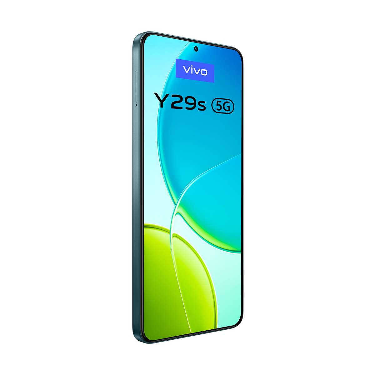 Siyah arka plan üzerinde bir Vivo Y29s 5G akıllı telefon. Ekran, Vivo logosu ile mavi ve yeşil soyut bir tasarım sergiliyor.