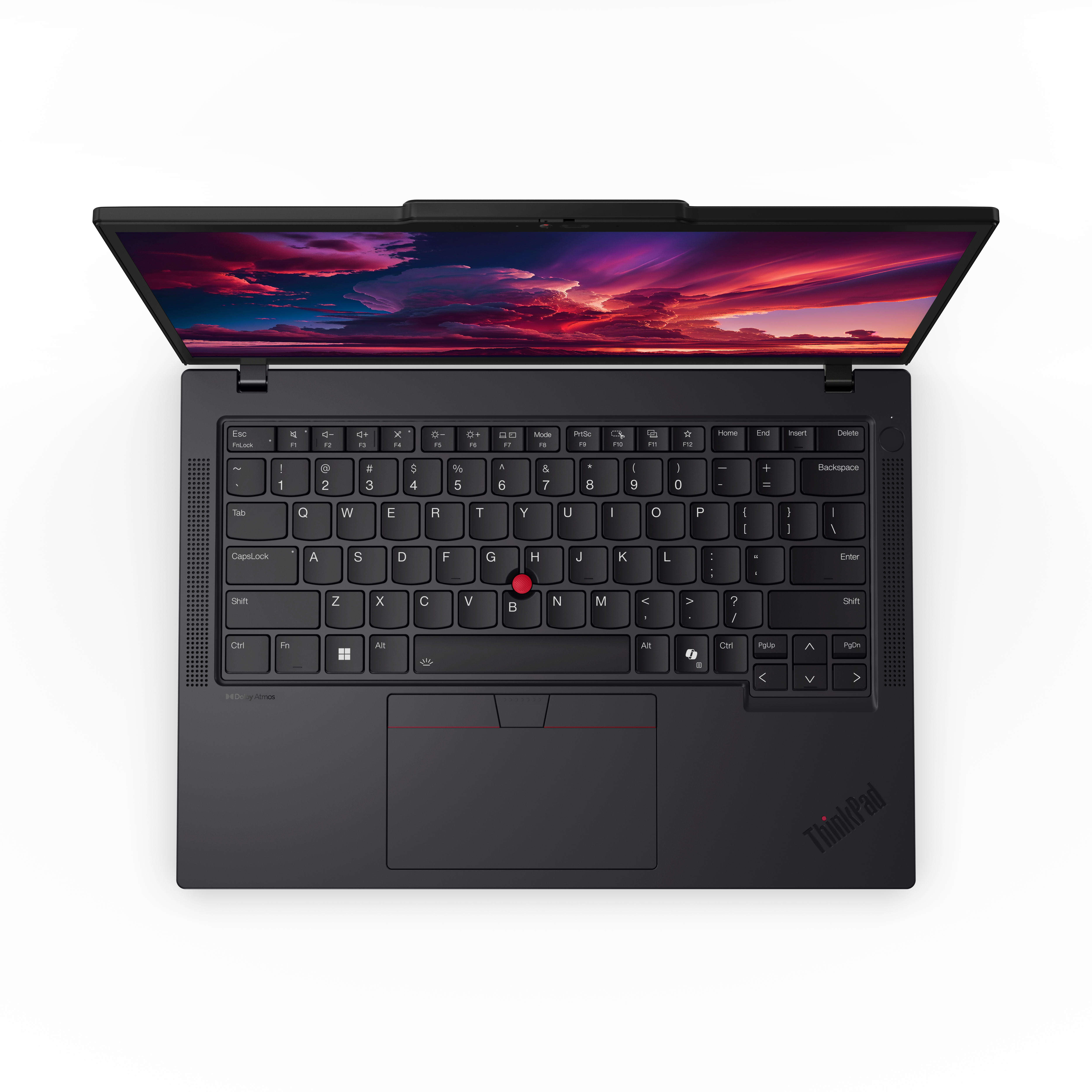 Draufsicht auf einen schwarzen ThinkPad-Laptop, geöffnet, mit farbenfrohem Bildschirm. Die Tastatur ist sichtbar, mit rotem Trackpoint.