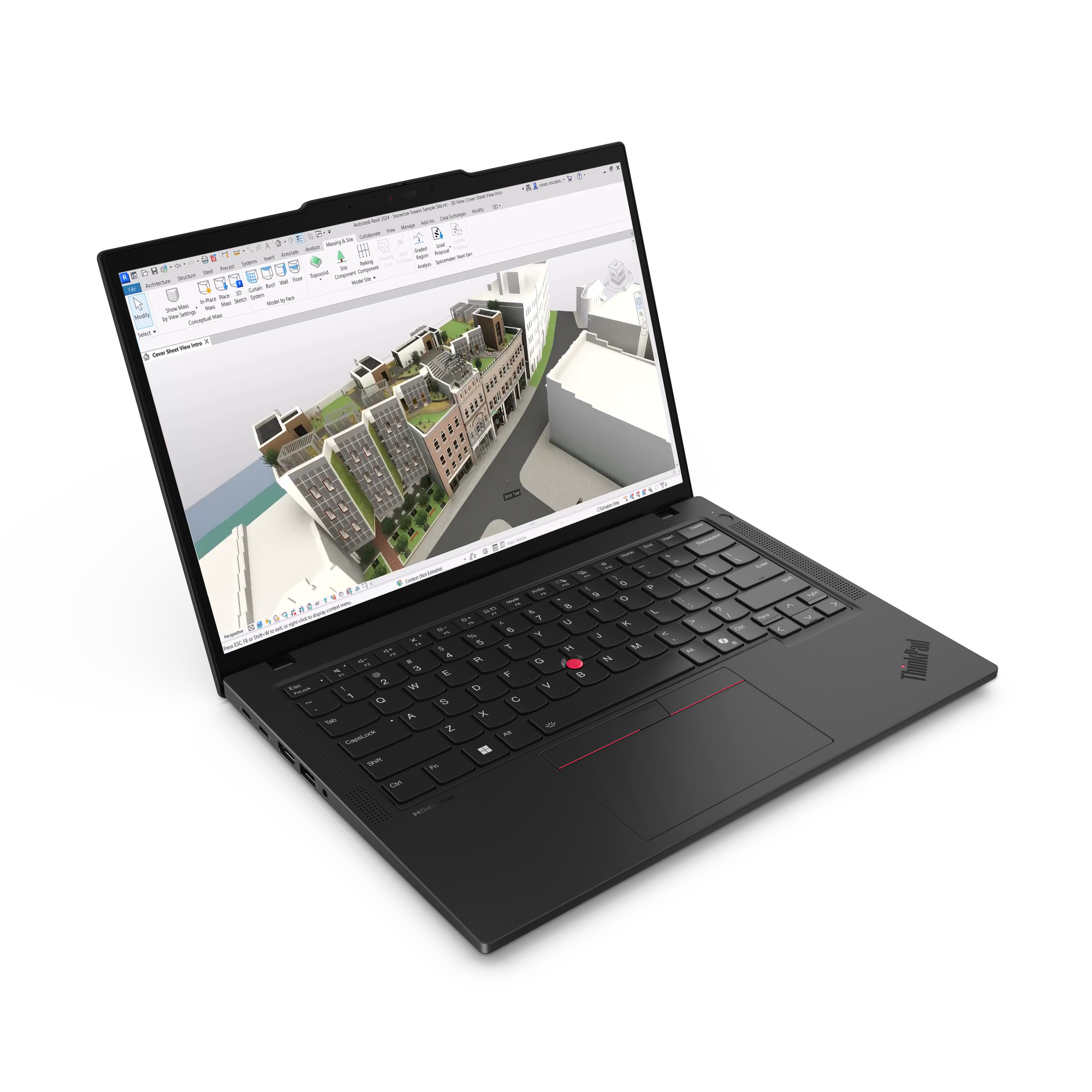Ein schwarzer Laptop zeigt ein 3D-Architekturmodell. Tastatur und ThinkPad-Logo sind sichtbar.