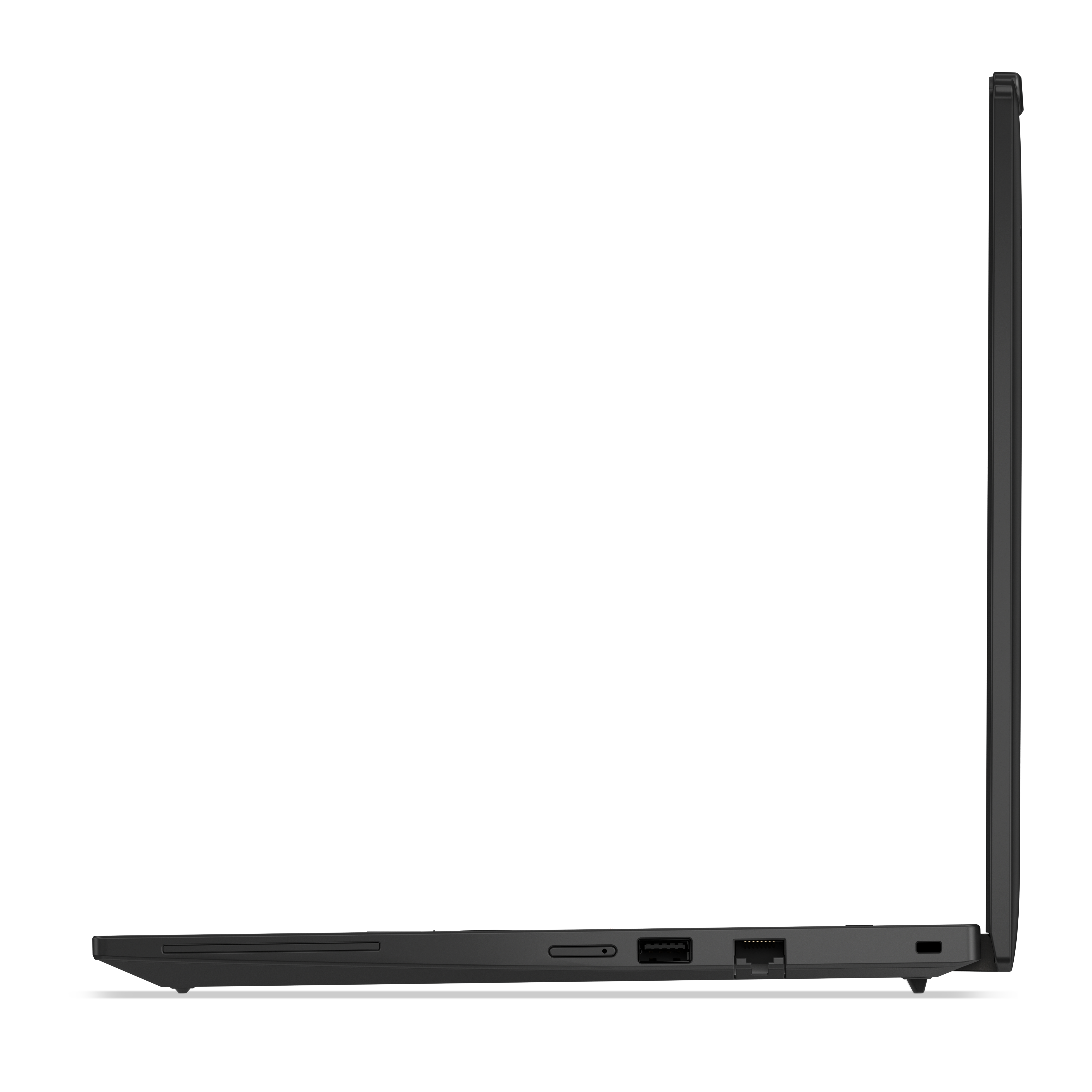 Seitenansicht eines schwarzen Laptops. Zeigt das Seitenprofil mit Anschlüssen und geschlossenem Bildschirm.