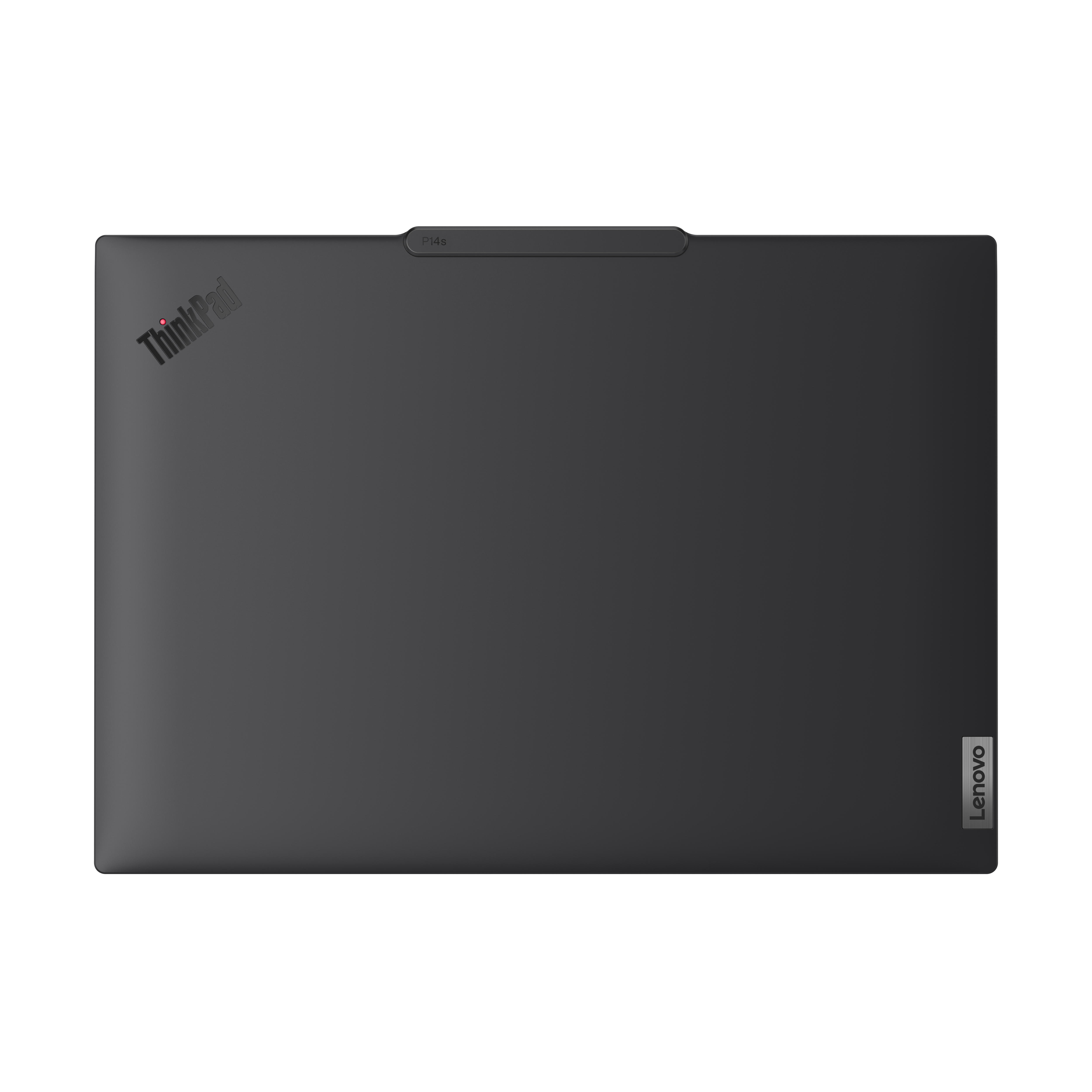 Dunkelgrauer ThinkPad-Laptop. Die Oberseite zeigt das ThinkPad-Logo, den Text P14s und das Lenovo-Logo.