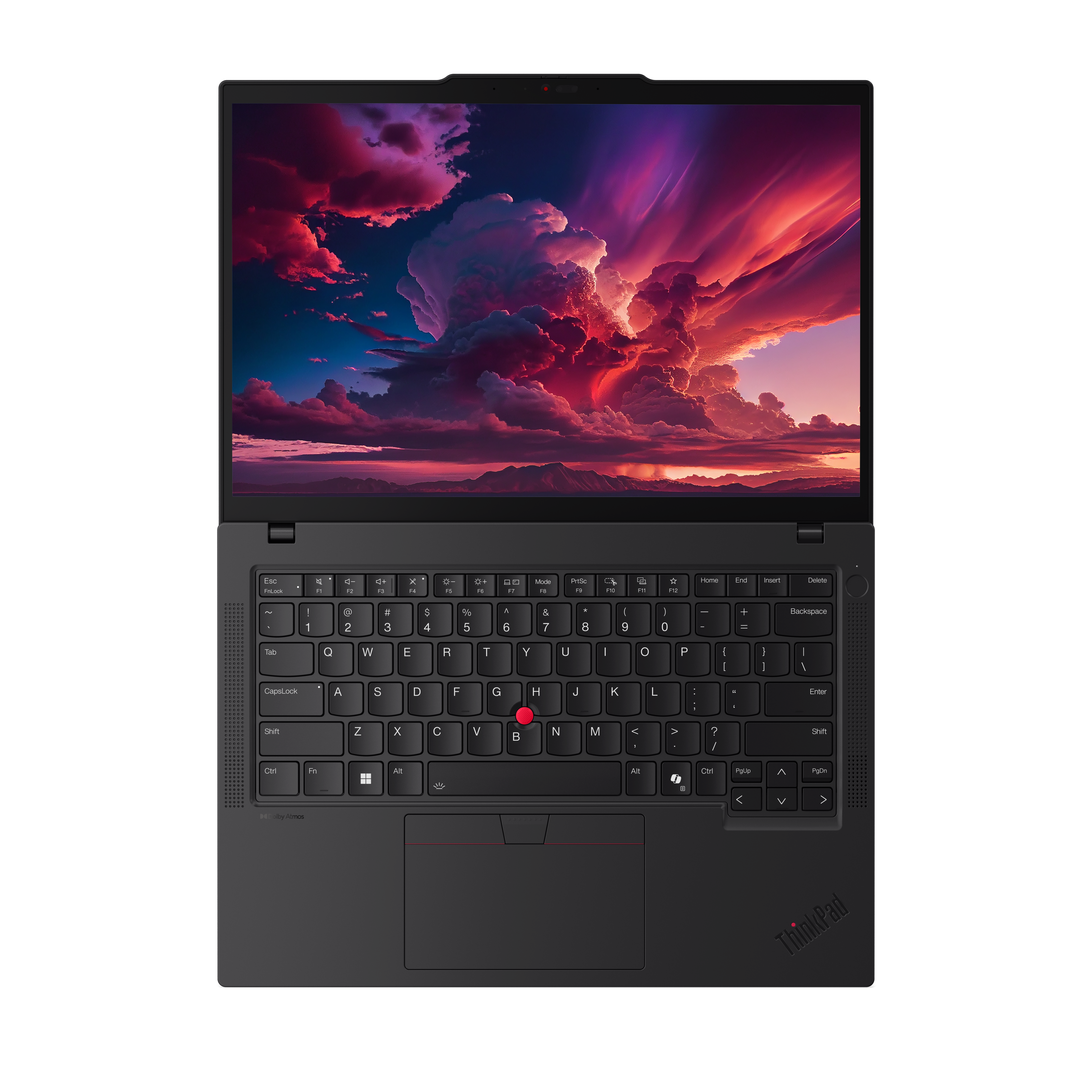 Schwarzer ThinkPad-Laptop geöffnet. Der Bildschirm zeigt eine farbenfrohe Landschaft. Die Tastatur ist sichtbar, mit rotem Trackpoint. Das Logo ist sichtbar.