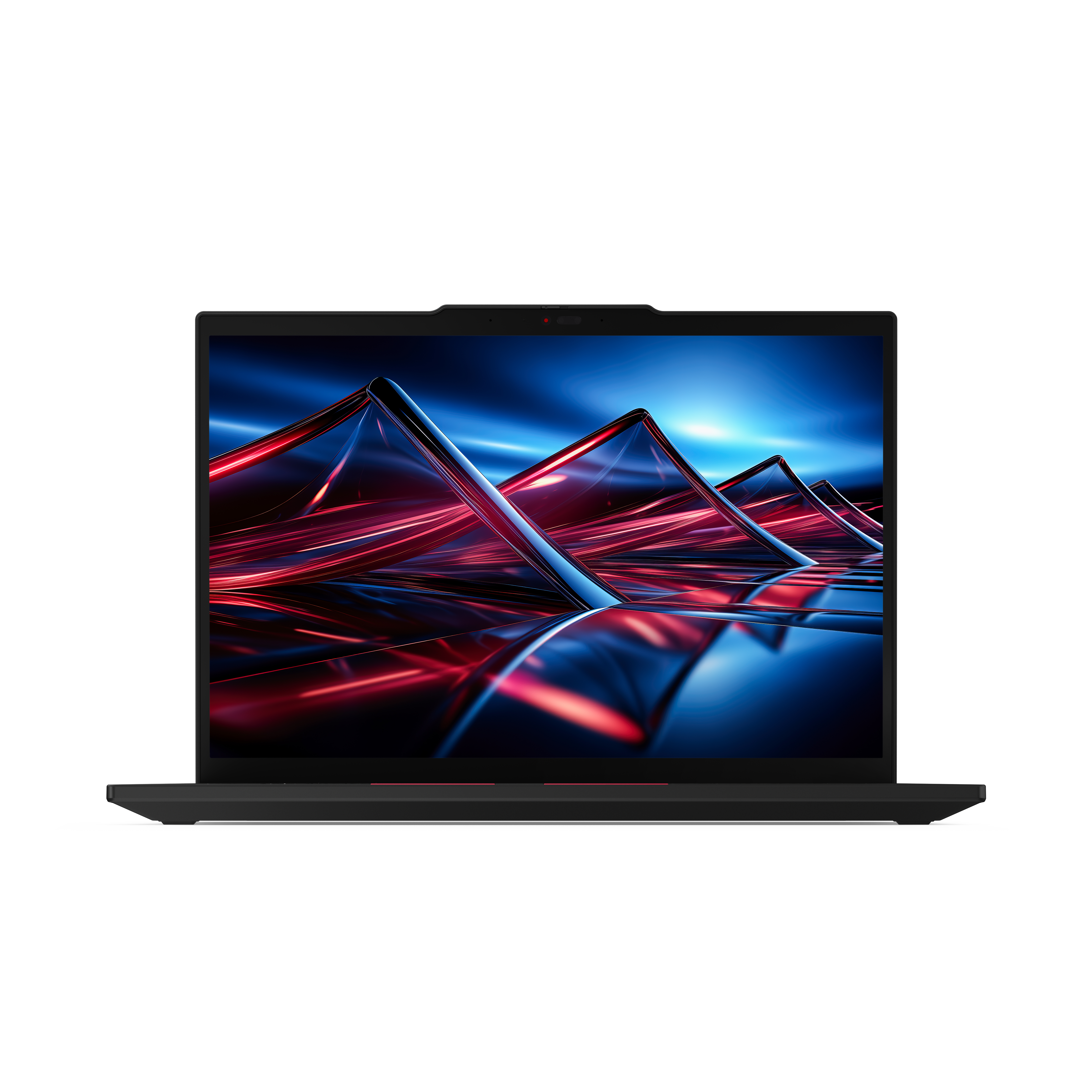 Laptop auf schwarzem Hintergrund. Bildschirm zeigt abstrakte rote und blaue Formen. Dunkelgraues Laptop-Gehäuse.