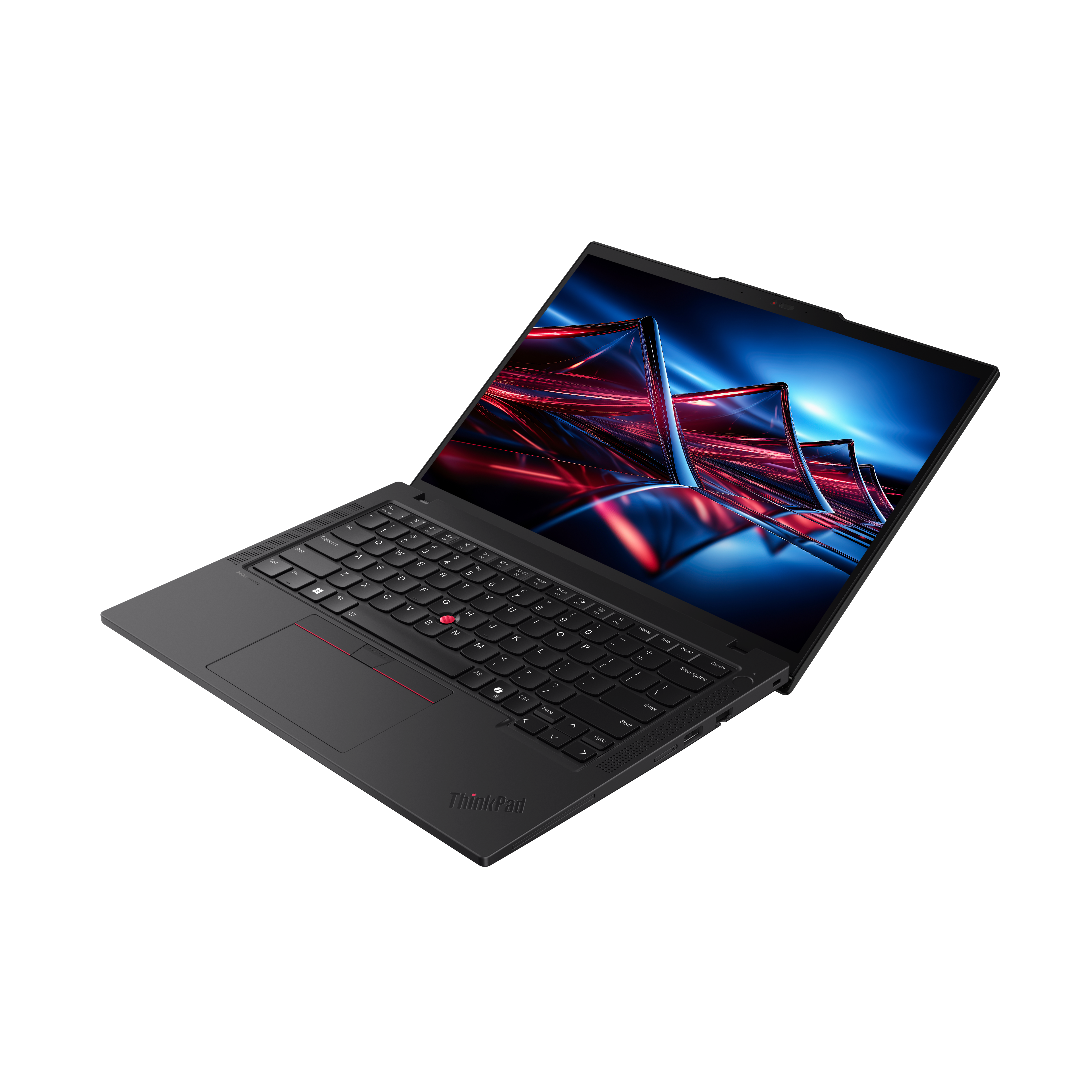 Schwarzer ThinkPad-Laptop auf schwarzem Hintergrund. Bildschirm zeigt abstrakte Kunst. Tastatur und Touchpad sichtbar.