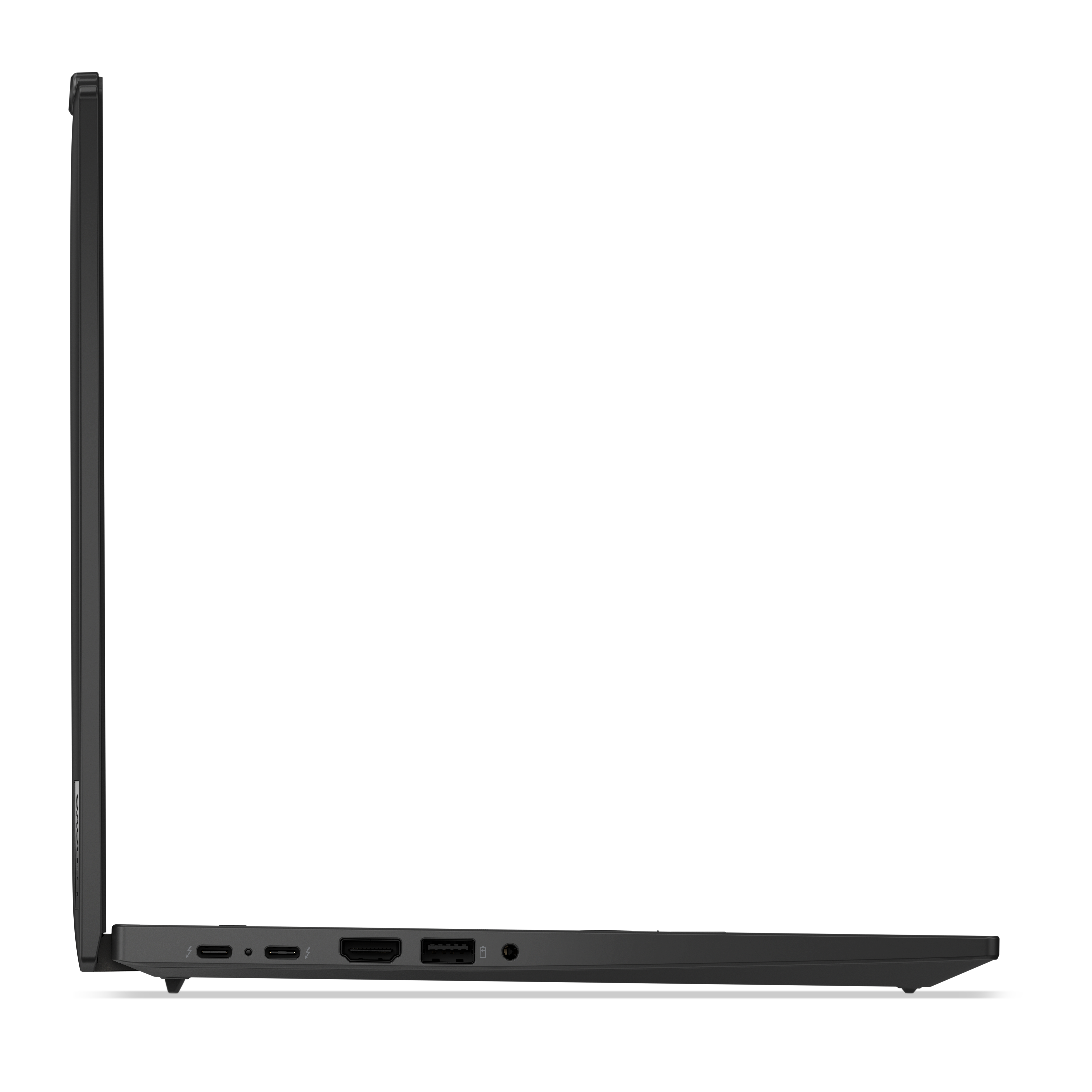 Seitenansicht eines schwarzen Laptops. Anschlüsse an der Seite sichtbar. Der Bildschirm ist geschlossen. Schwarzer Hintergrund.
