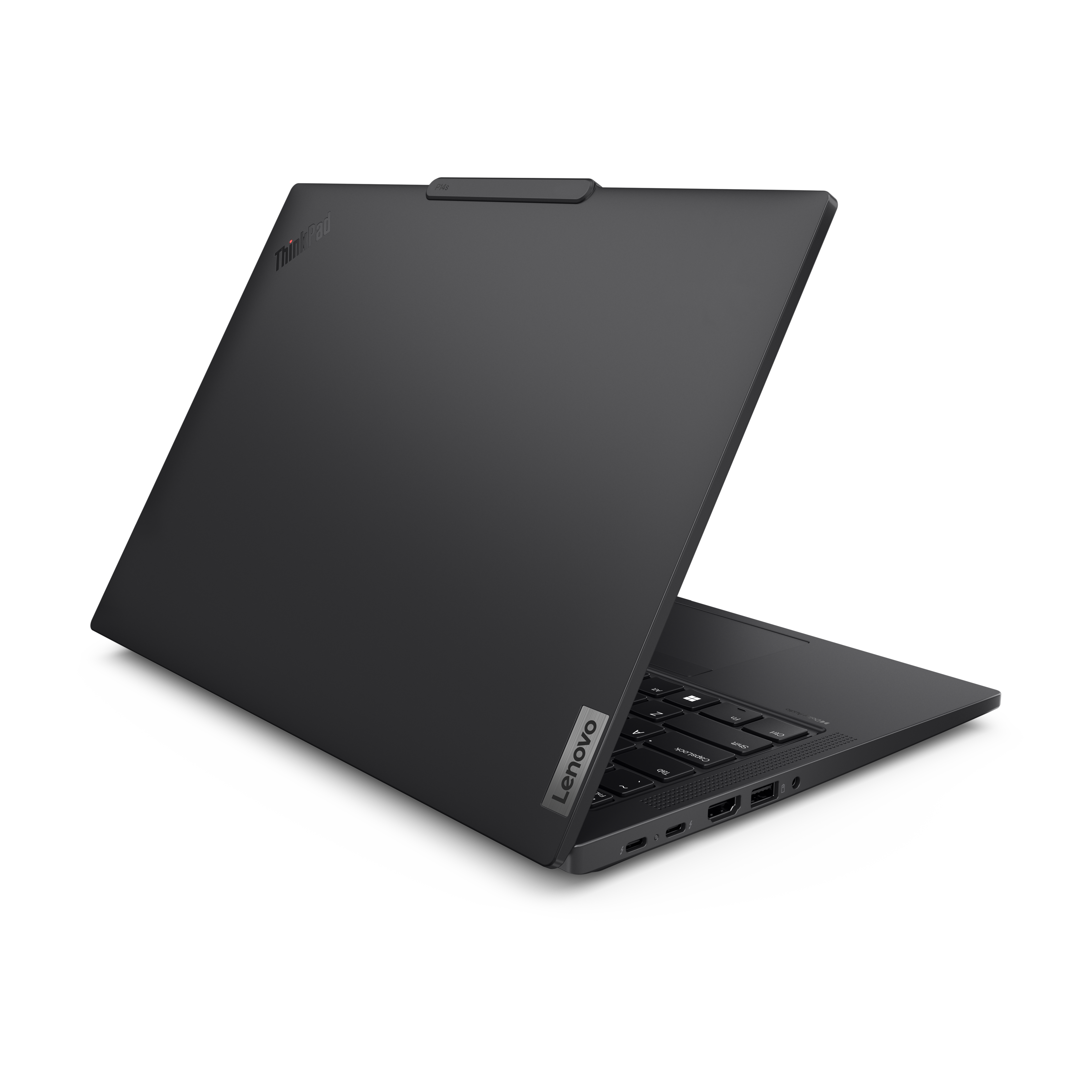 Ein schwarzer Lenovo ThinkPad Laptop ist auf einer weißen Oberfläche geöffnet. Das Lenovo-Logo ist sichtbar. Das ThinkPad-Logo ist oben.