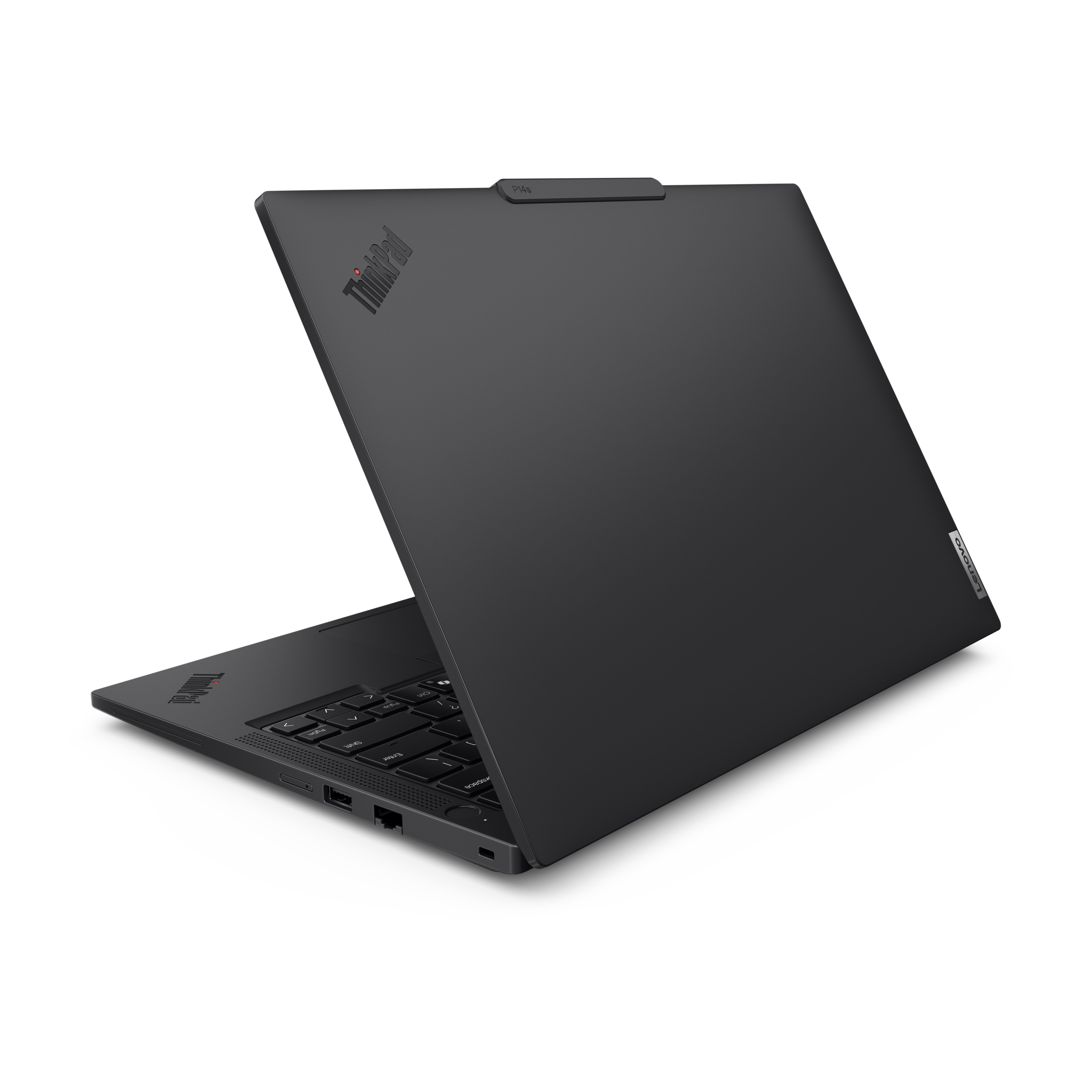 Ein schwarzes ThinkPad-Laptop ist vor schwarzem Hintergrund geöffnet. Der Bildschirm ist offen, die Tastatur ist sichtbar.